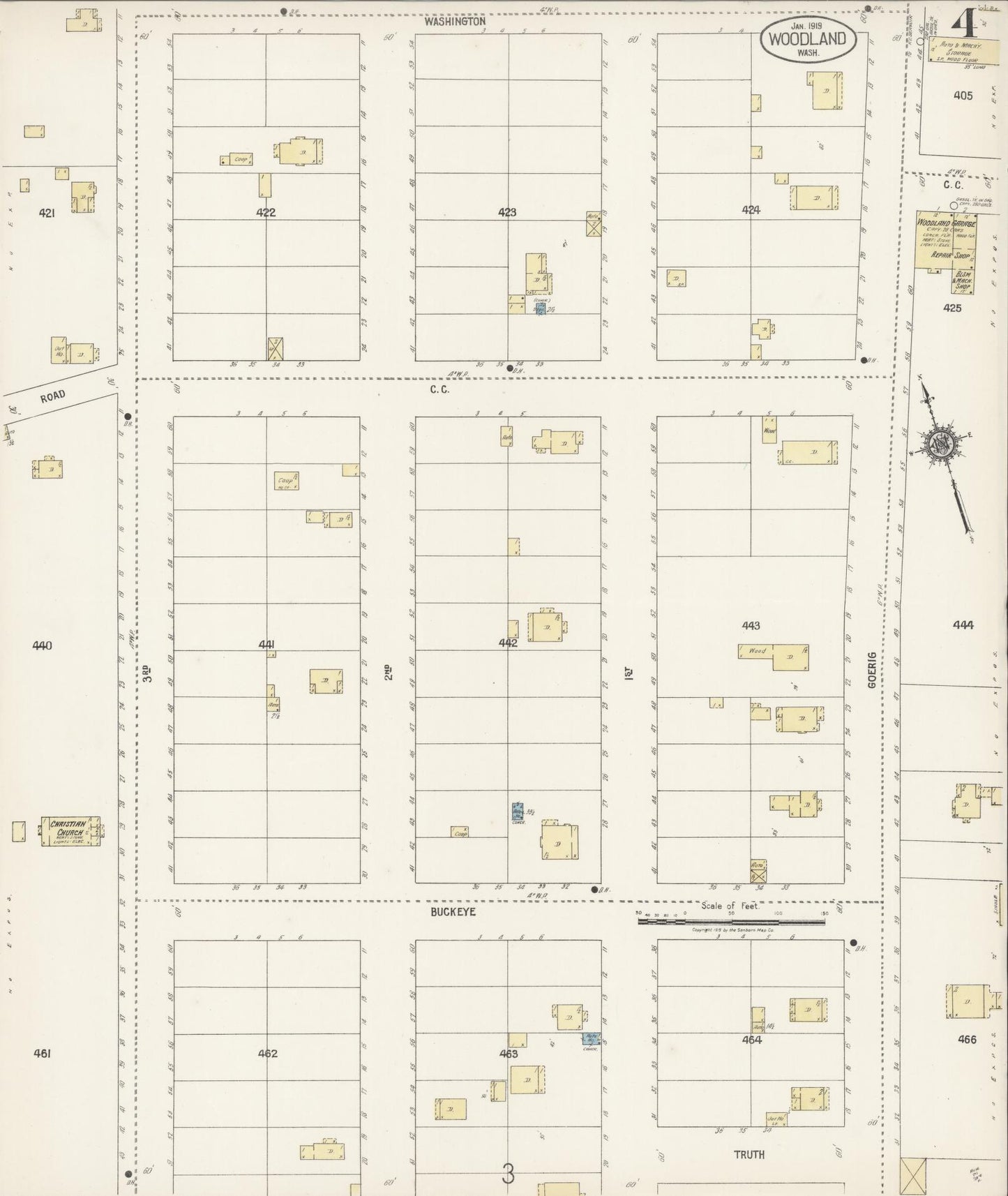 Sanborn Fire Insurance Map from Woodland, Cowlitz County, Washington (1919), Sheet #0004 - Complete Map Set gallery image, historic Sanborn map, vintage wall art, Washington Washington