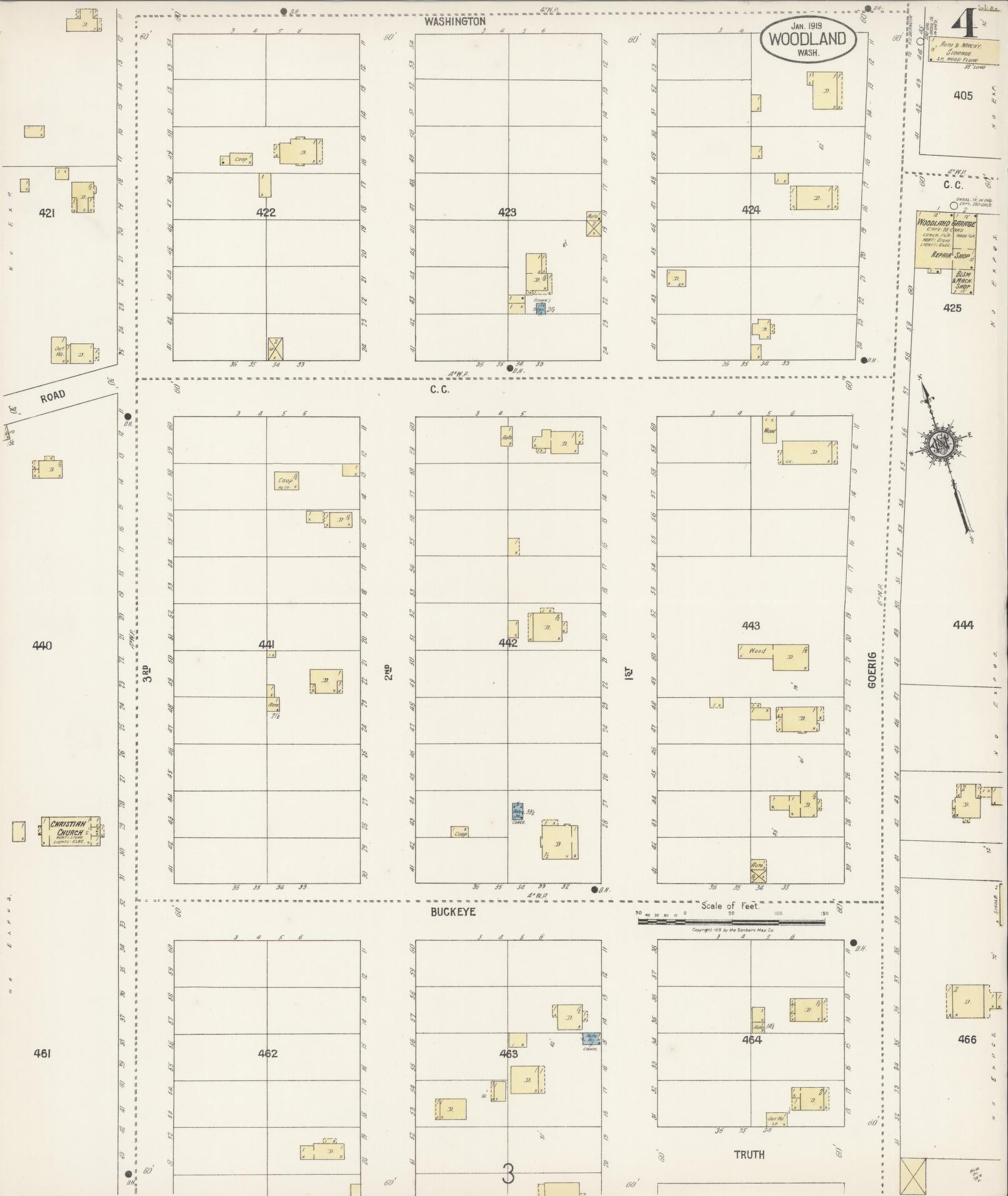 Sanborn Fire Insurance Map from Woodland, Cowlitz County, Washington (1919), Sheet #0004 - Complete Map Set gallery image, historic Sanborn map, vintage wall art, Washington Washington