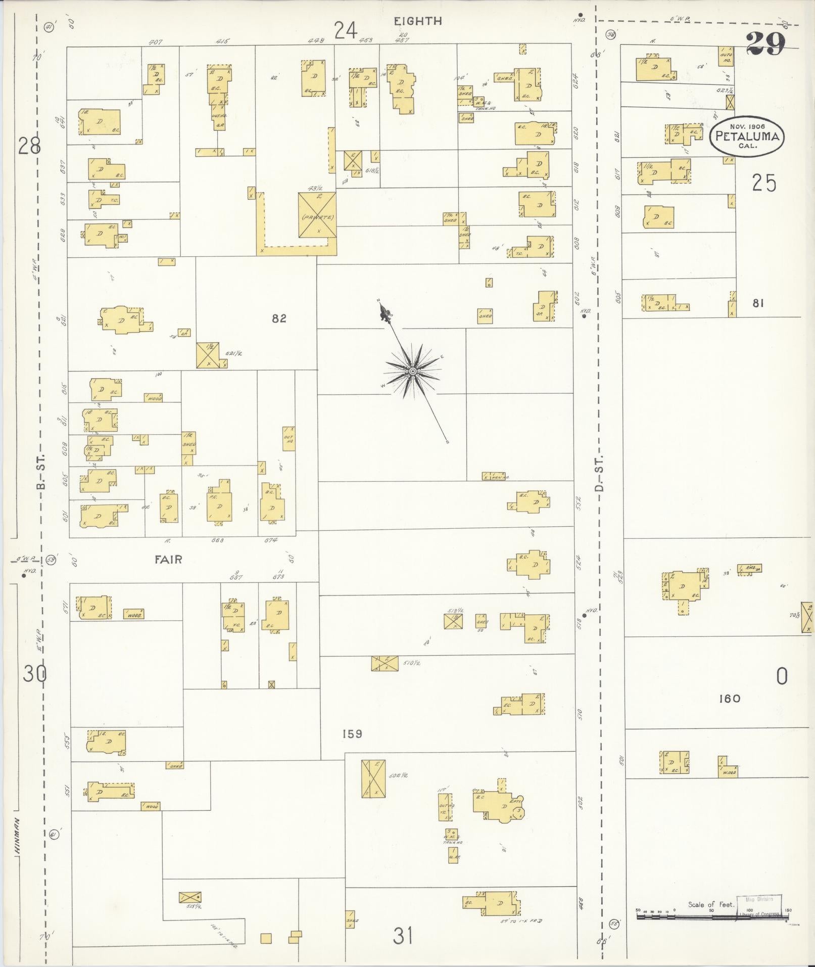 Sanborn Fire Insurance Map from Petaluma, Sonoma County, California (1906), Sheet #0029 - Complete Map Set gallery image, historic Sanborn map, vintage wall art, California California
