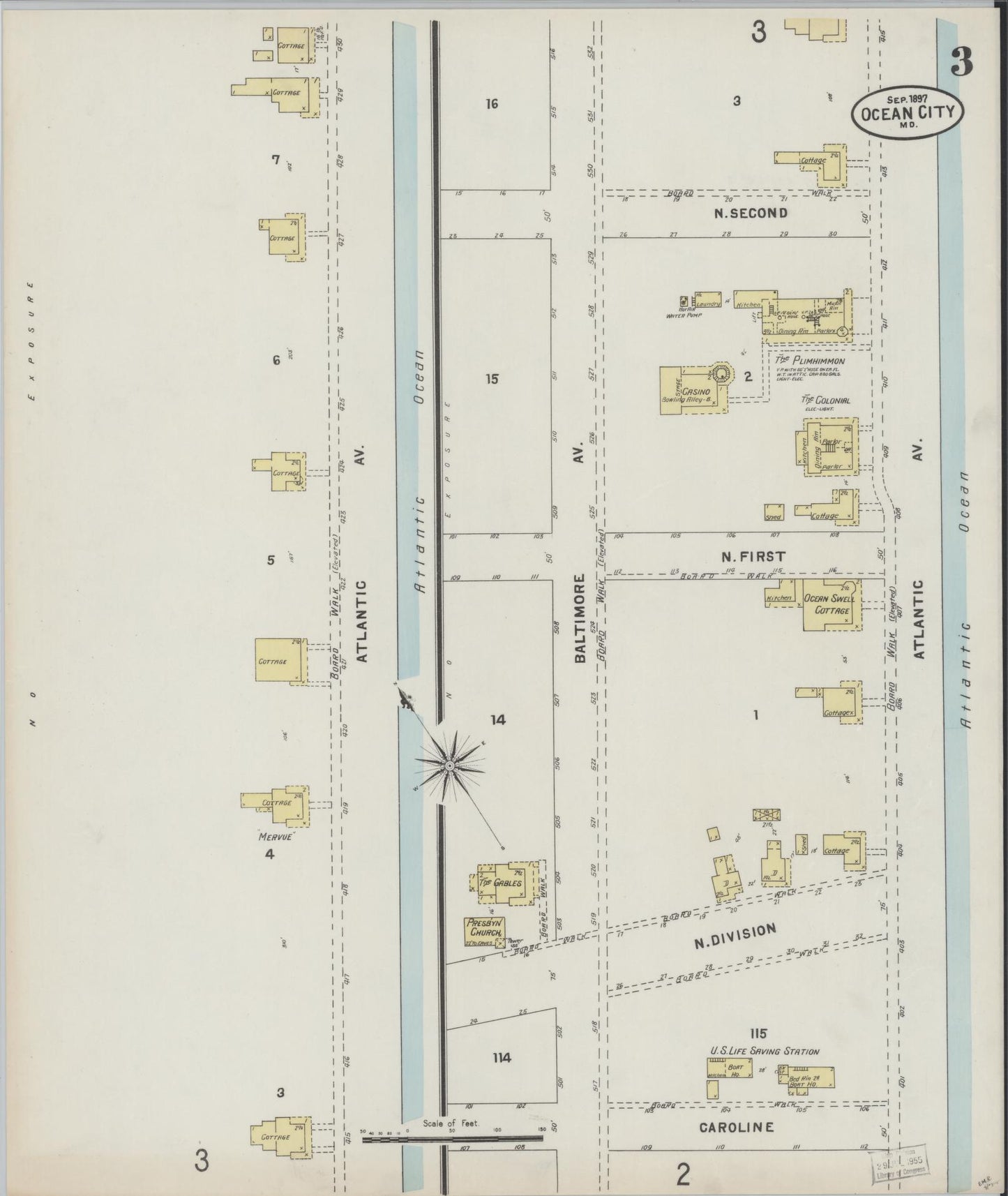 Sanborn Fire Insurance Map from Ocean City, Worcester County, Maryland (1897), Sheet #0003 - Historic Sanborn Fire Insurance Map Print, vintage old map wall art