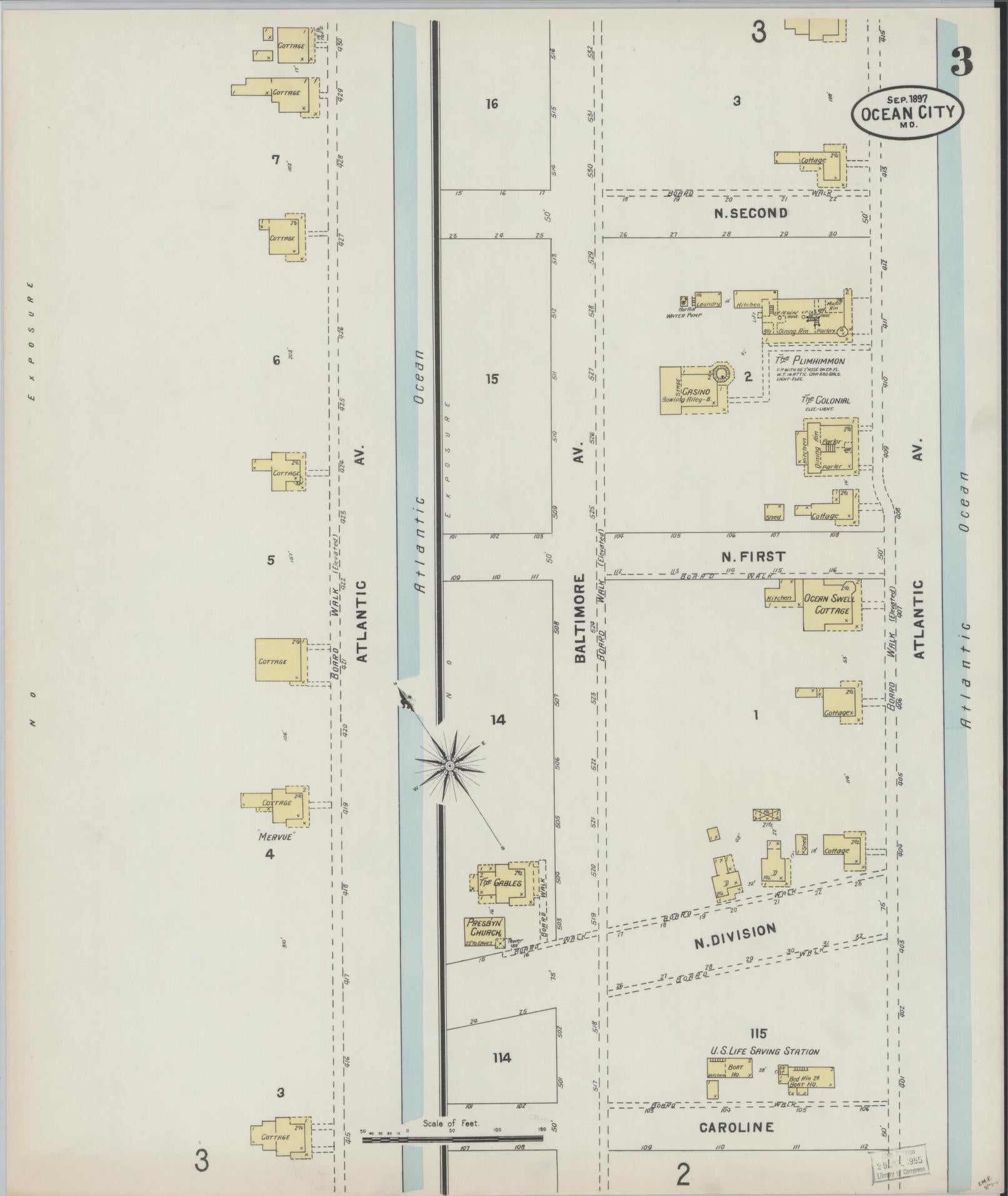 Sanborn Fire Insurance Map from Ocean City, Worcester County, Maryland (1897), Sheet #0003 - Historic Sanborn Fire Insurance Map Print, vintage old map wall art