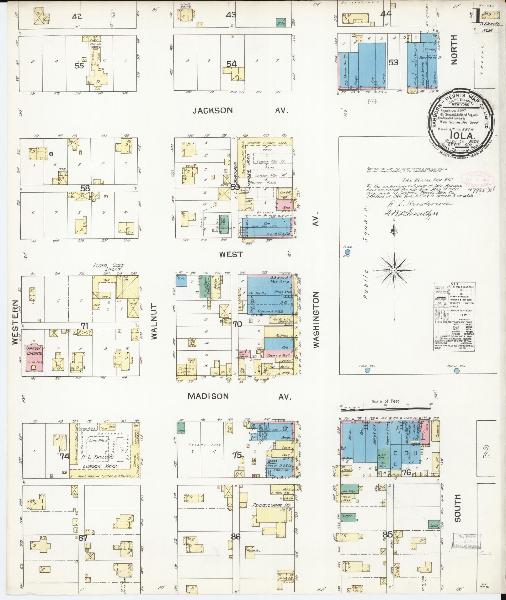 Sanborn Fire Insurance Map from Iola, Allen County, Kansas (1892), Sheet #0001 - Complete Map Set gallery image, historic Sanborn map, vintage wall art, Kansas Kansas