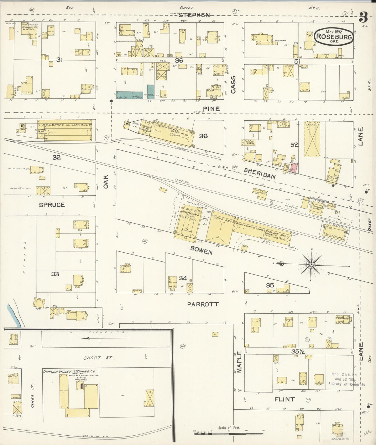 Sanborn Fire Insurance Map from Roseburg, Douglas County, Oregon (1892), Sheet #0003 - Historic Sanborn Fire Insurance Map Print, vintage old map wall art, antique decor, genealogy gift, Oregon Oregon map