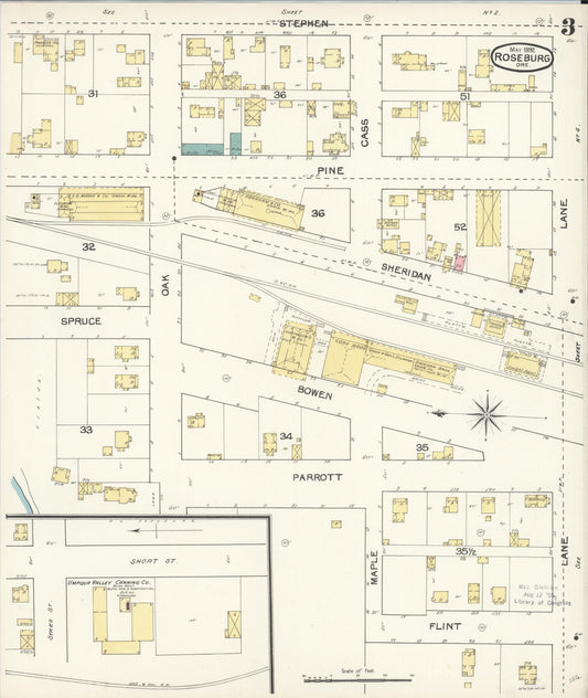 Sanborn Fire Insurance Map from Roseburg, Douglas County, Oregon (1892), Sheet #0003 - Historic Sanborn Fire Insurance Map Print, vintage old map wall art, antique decor, genealogy gift, Oregon Oregon map