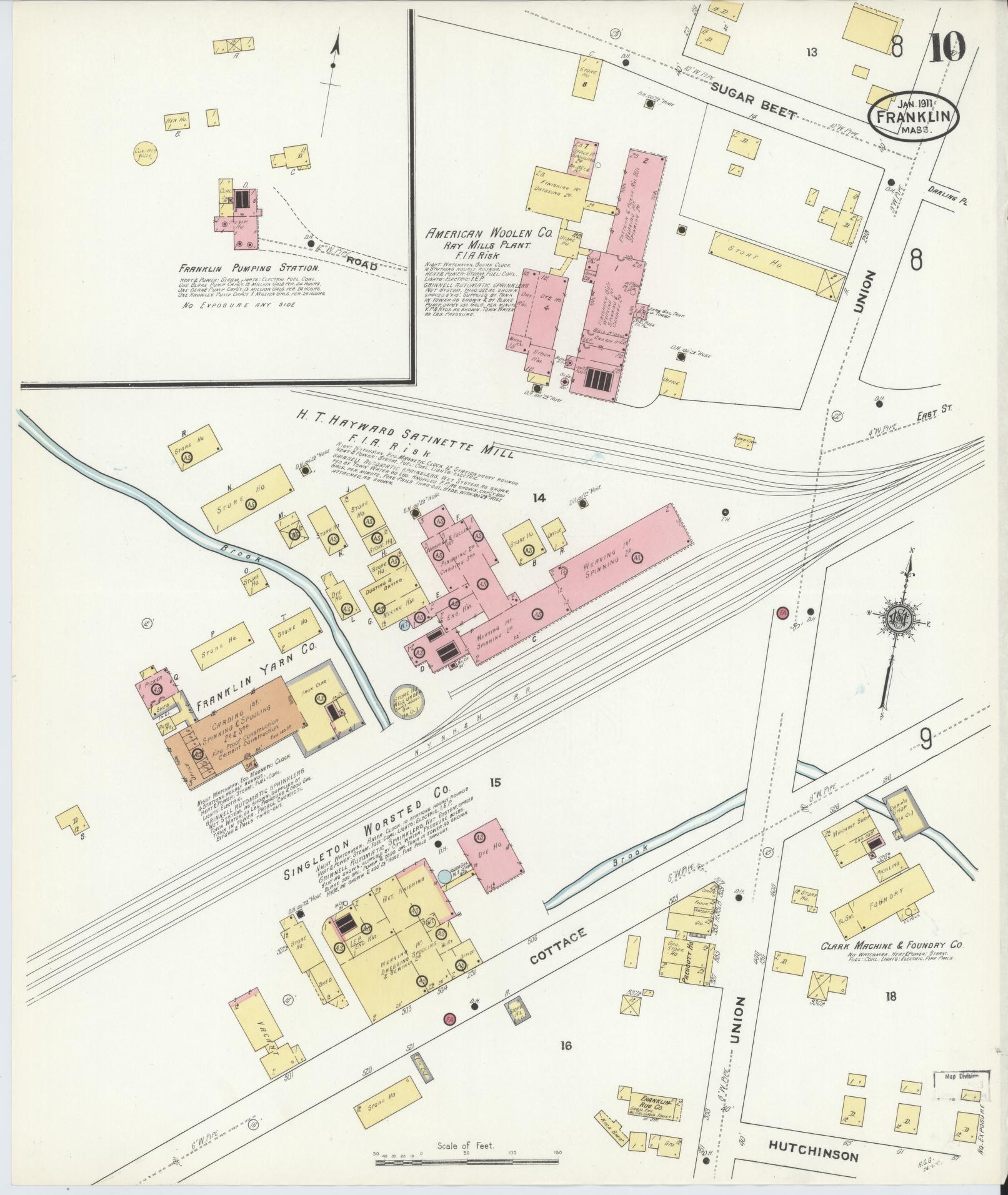 Sanborn Fire Insurance Map from Franklin, Norfolk County, Massachusetts (1911), Sheet #0010 - Complete Map Set gallery image, historic Sanborn map, vintage wall art, Massachusetts Massachusetts