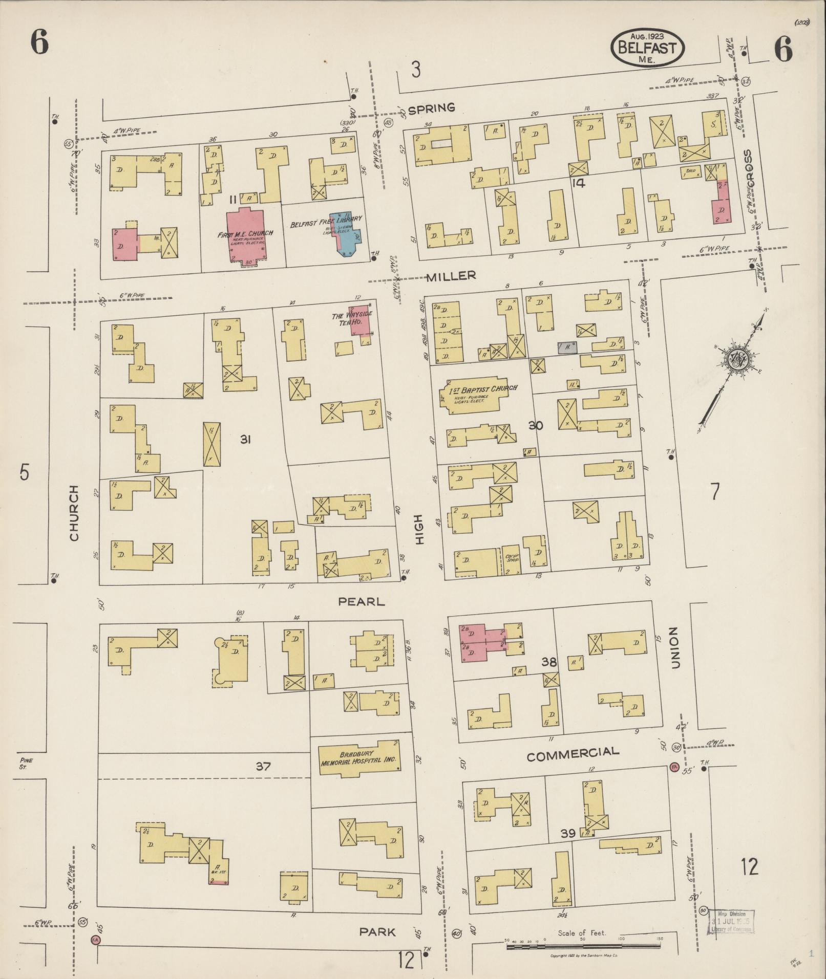 Sanborn Fire Insurance Map from Belfast, Waldo County, Maine (1923), Sheet #0006 - Historic Sanborn Fire Insurance Map Print, vintage old map wall art, antique decor, genealogy gift, Maine Maine map
