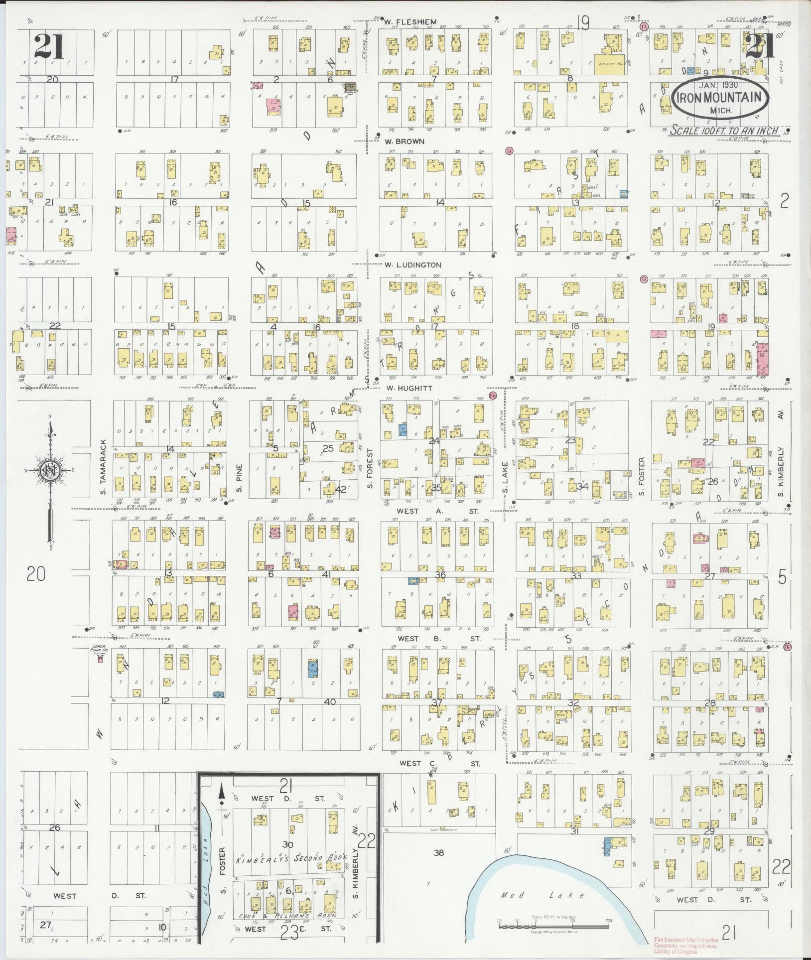 Sanborn Fire Insurance Map from Iron Mountain, Dickinson County, Michigan (1930), Sheet #0021 - Complete Map Set gallery image, historic Sanborn map, vintage wall art, Michigan Michigan