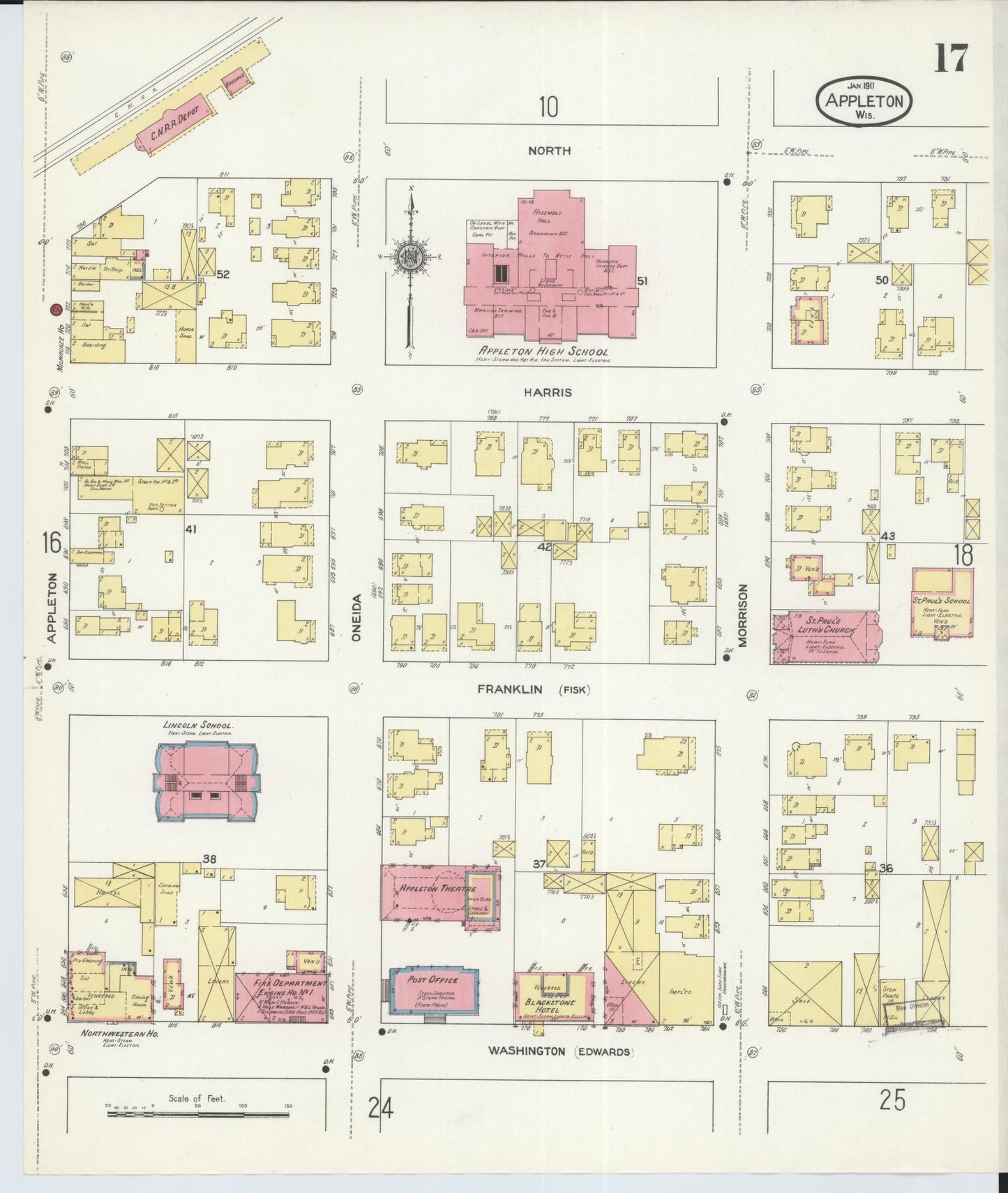 Sanborn Fire Insurance Map from Appleton, Outagamie County, Wisconsin (1911), Sheet #0017 - Complete Map Set gallery image, historic Sanborn map, vintage wall art, Wisconsin Wisconsin