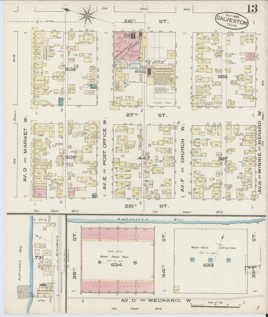 Sanborn Fire Insurance Map from Galveston, Galveston County, Texas (1885), Sheet #0013 - Historic Sanborn Fire Insurance Map Print, vintage old map wall art, antique decor, genealogy gift, Texas Texas map