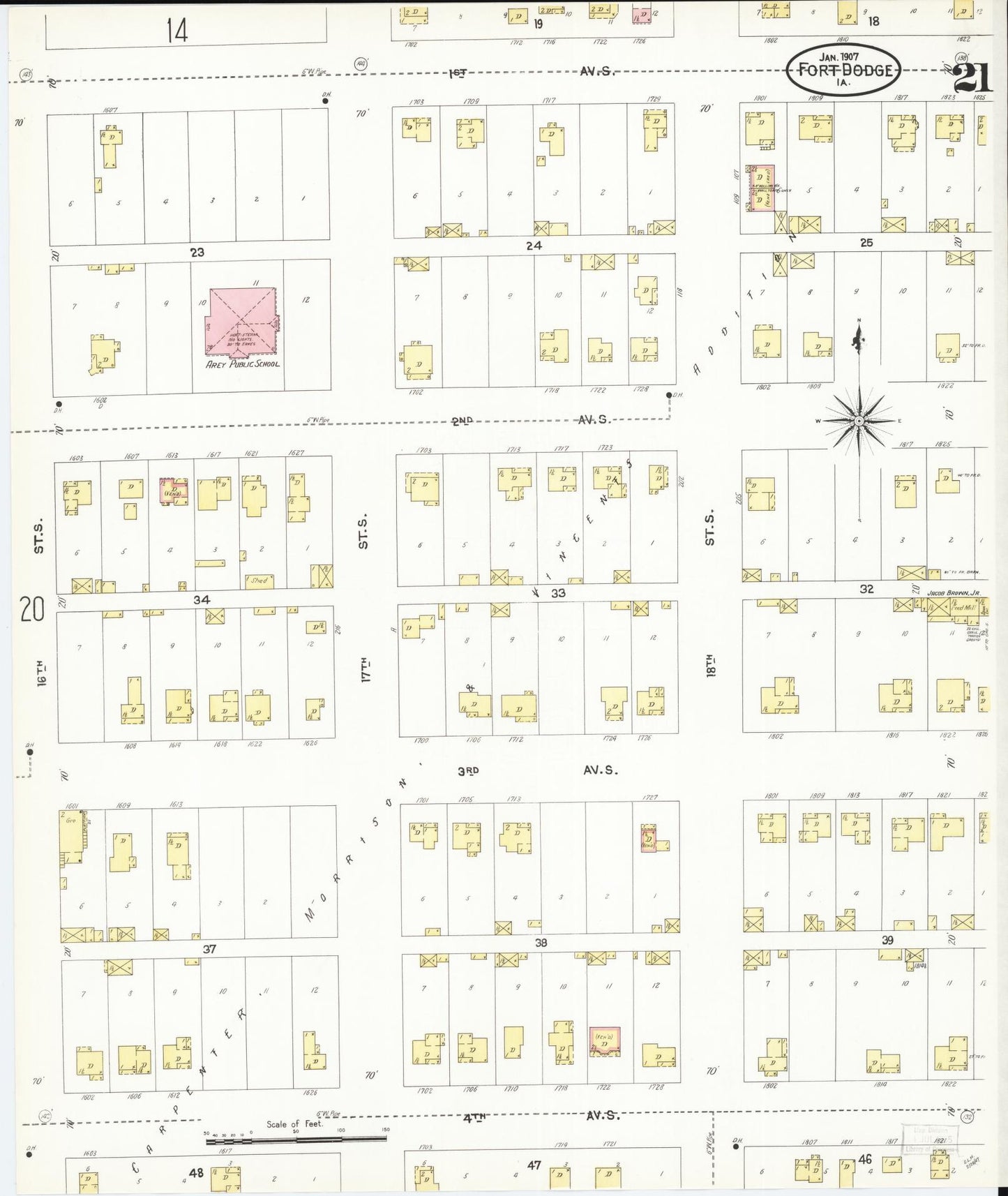 Sanborn Fire Insurance Map from Fort Dodge, Webster County, Iowa (1907), Sheet #0021 - Historic Sanborn Fire Insurance Map Print, vintage old map wall art