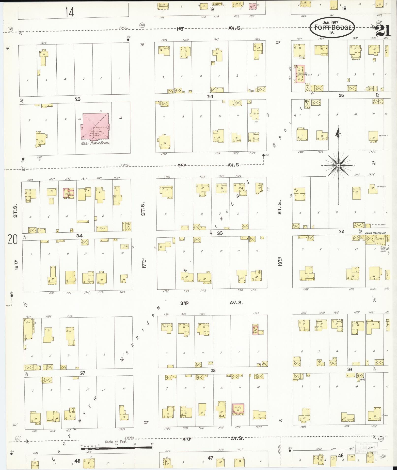Sanborn Fire Insurance Map from Fort Dodge, Webster County, Iowa (1907), Sheet #0021 - Historic Sanborn Fire Insurance Map Print, vintage old map wall art