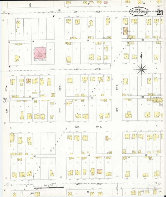 Sanborn Fire Insurance Map from Fort Dodge, Webster County, Iowa (1907), Sheet #0021 - Historic Sanborn Fire Insurance Map Print, vintage old map wall art
