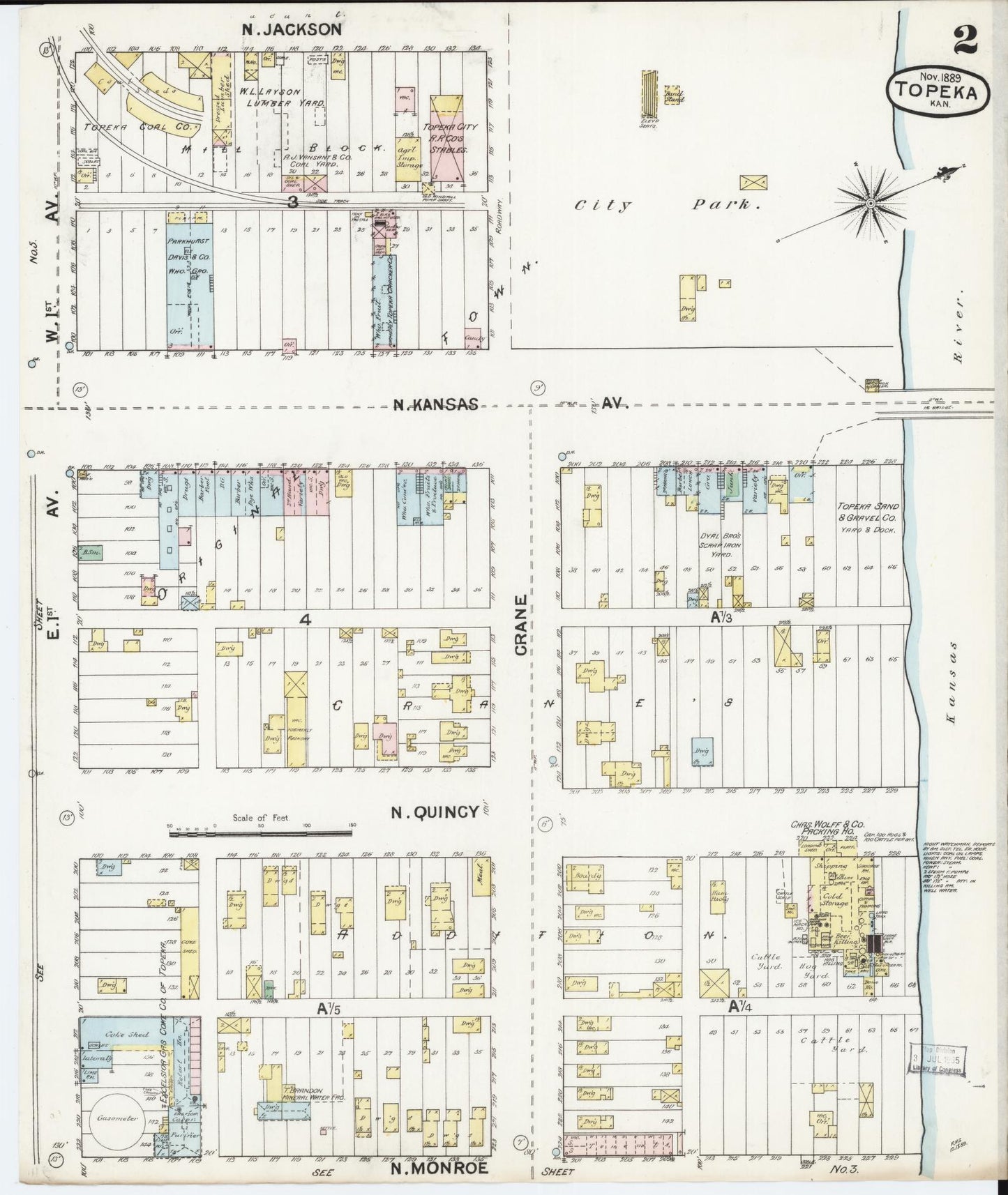 Sanborn Fire Insurance Map from Topeka, Shawnee County, Kansas (1889), Sheet #0003 - Historic Sanborn Fire Insurance Map Print, vintage old map wall art, antique decor, genealogy gift, Kansas Kansas map