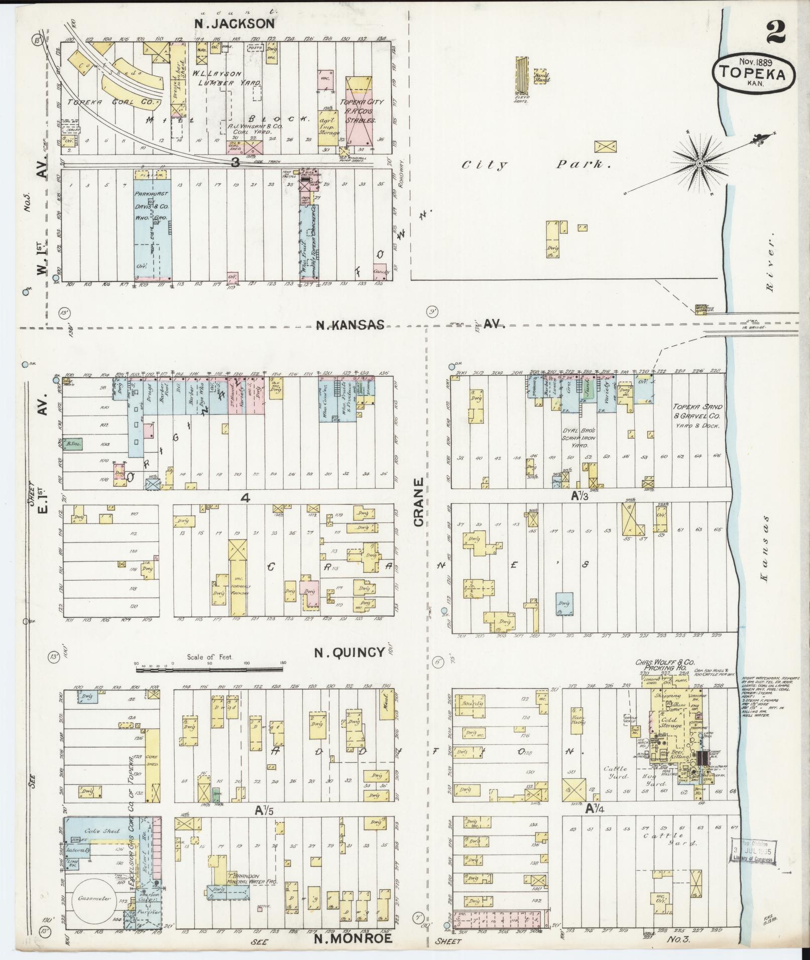 Sanborn Fire Insurance Map from Topeka, Shawnee County, Kansas (1889), Sheet #0003 - Historic Sanborn Fire Insurance Map Print, vintage old map wall art, antique decor, genealogy gift, Kansas Kansas map