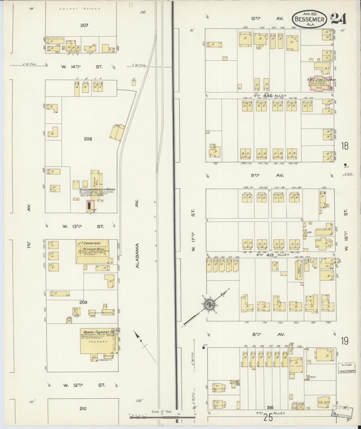 Sanborn Fire Insurance Map from Bessemer, Jefferson County, Alabama (1913), Sheet #0024 - Complete Map Set gallery image, historic Sanborn map, vintage wall art, Alabama Alabama