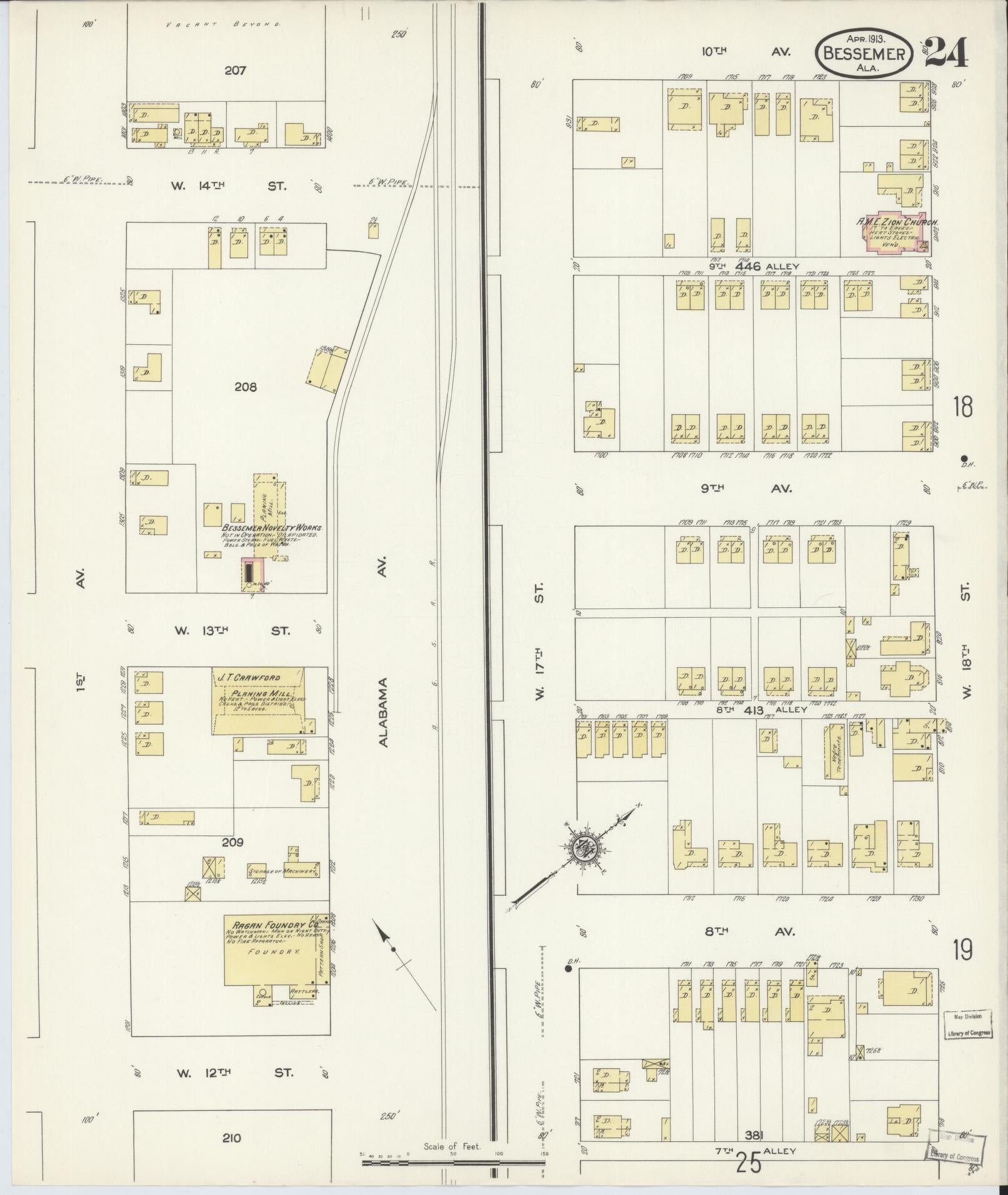 Sanborn Fire Insurance Map from Bessemer, Jefferson County, Alabama (1913), Sheet #0024 - Complete Map Set gallery image, historic Sanborn map, vintage wall art, Alabama Alabama