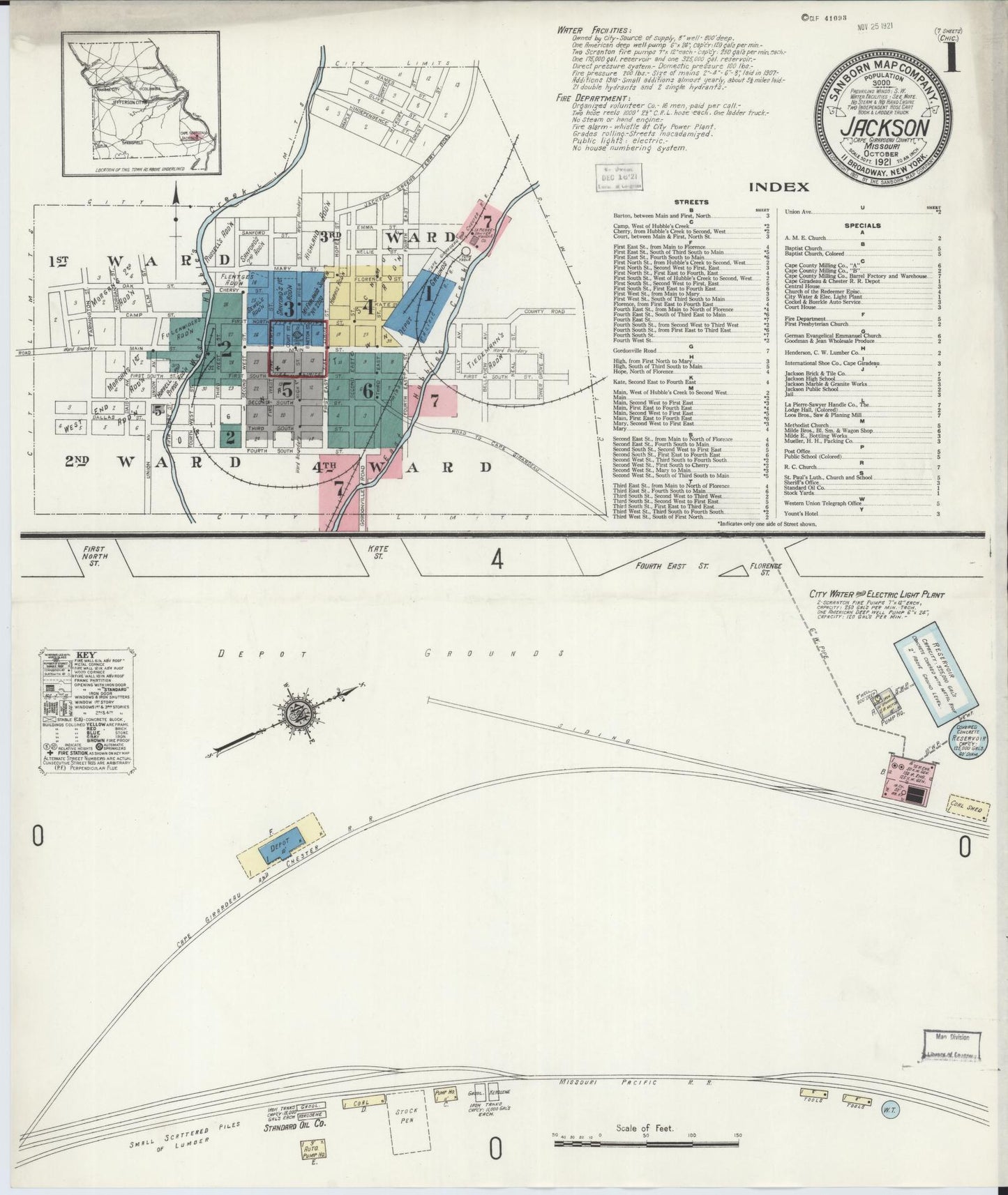 Sanborn Fire Insurance Map from Jackson, Cape Girardeau County, Missouri (1921), Sheet #0001 - Historic Sanborn Fire Insurance Map Print, vintage old map wall art, antique decor, genealogy gift, Missouri Missouri map