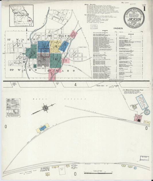 Sanborn Fire Insurance Map from Jackson, Cape Girardeau County, Missouri (1921), Sheet #0001 - Historic Sanborn Fire Insurance Map Print, vintage old map wall art, antique decor, genealogy gift, Missouri Missouri map