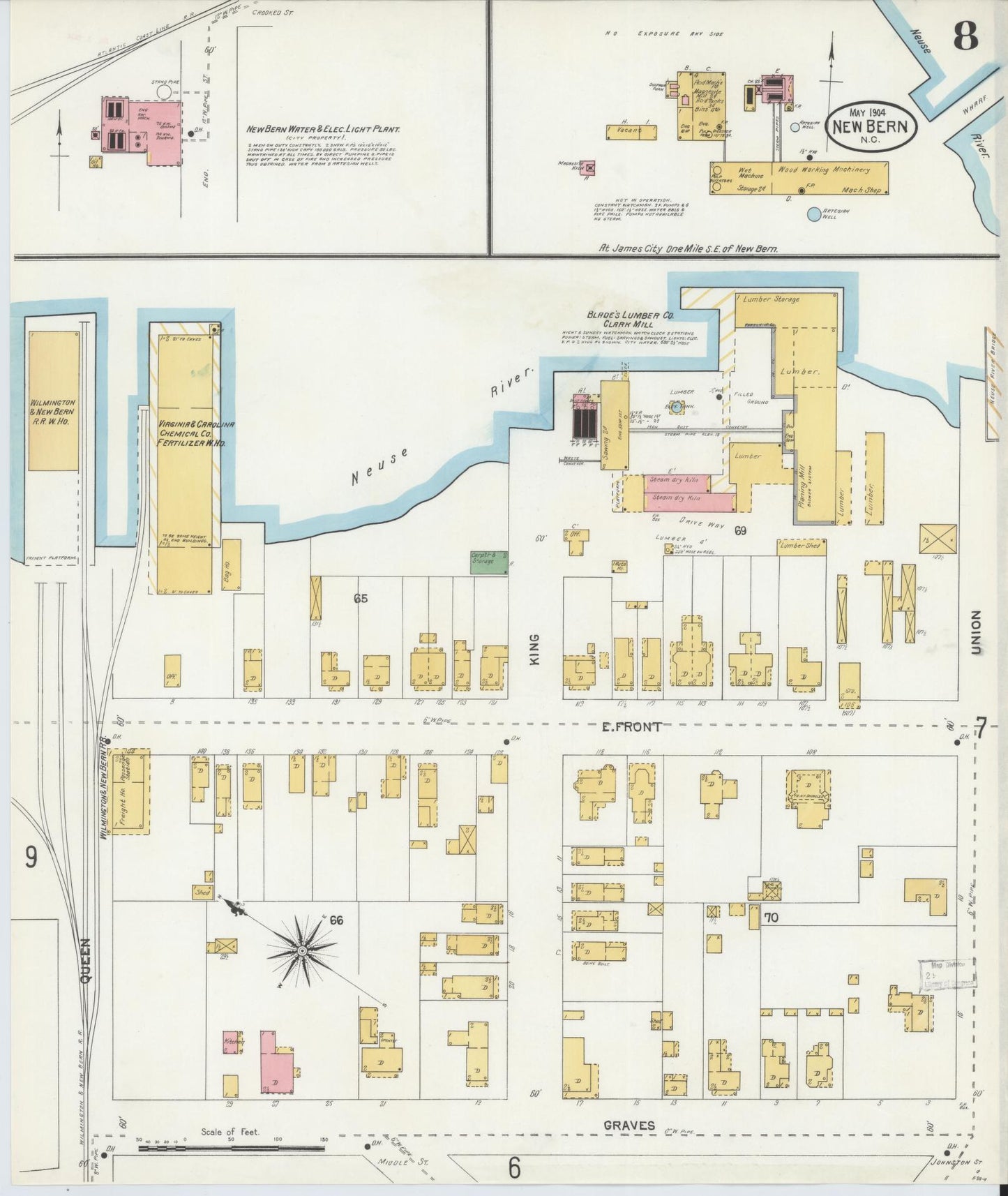 Sanborn Fire Insurance Map from New Bern, Craven County, North Carolina (1904), Sheet #0008 - Complete Map Set gallery image, historic Sanborn map, vintage wall art, North Carolina North Carolina