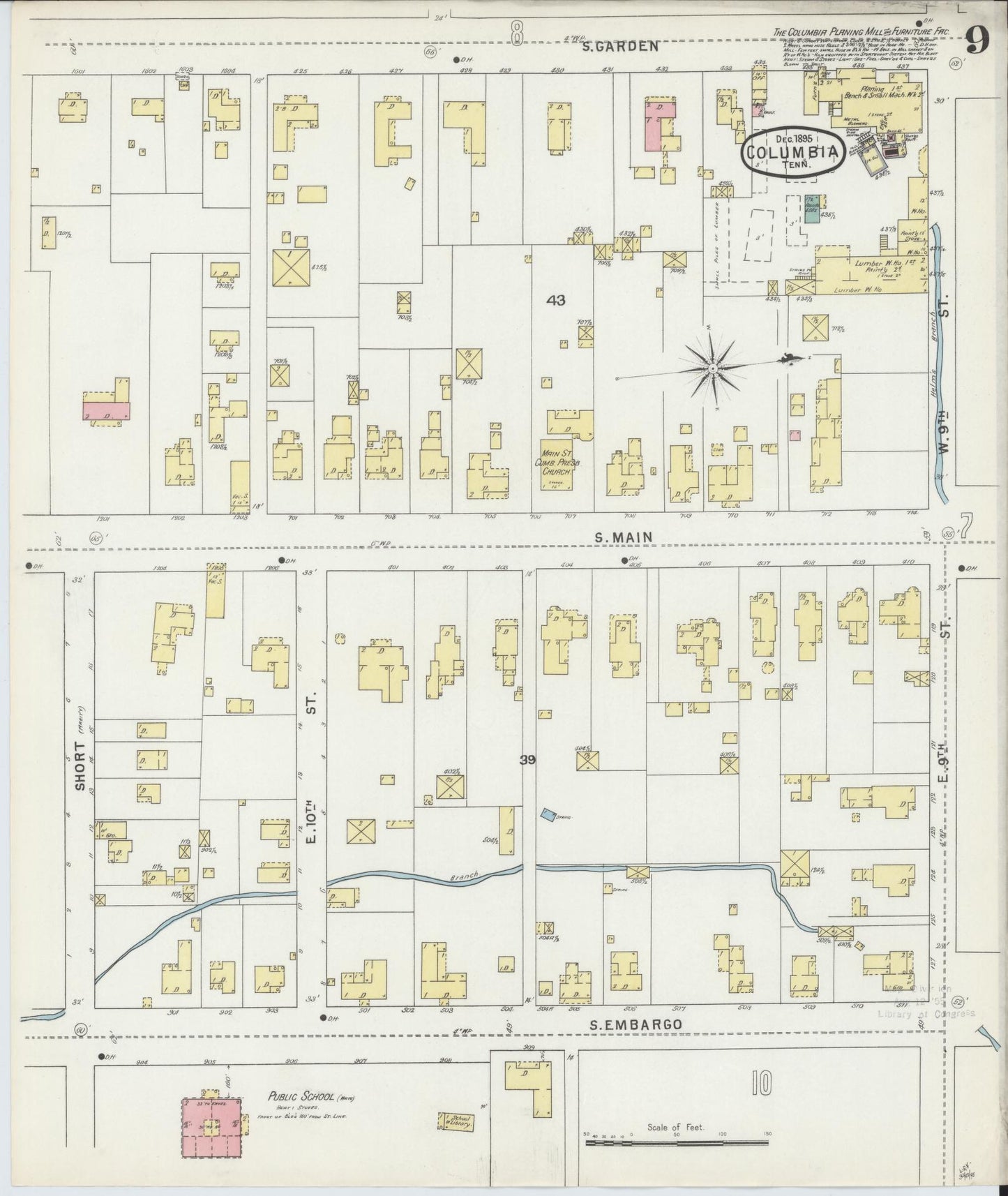 Sanborn Fire Insurance Map from Columbia, Maury County, Tennessee (1895), Sheet #0009 - Historic Sanborn Fire Insurance Map Print, vintage old map wall art, antique decor, genealogy gift, Tennessee Tennessee map