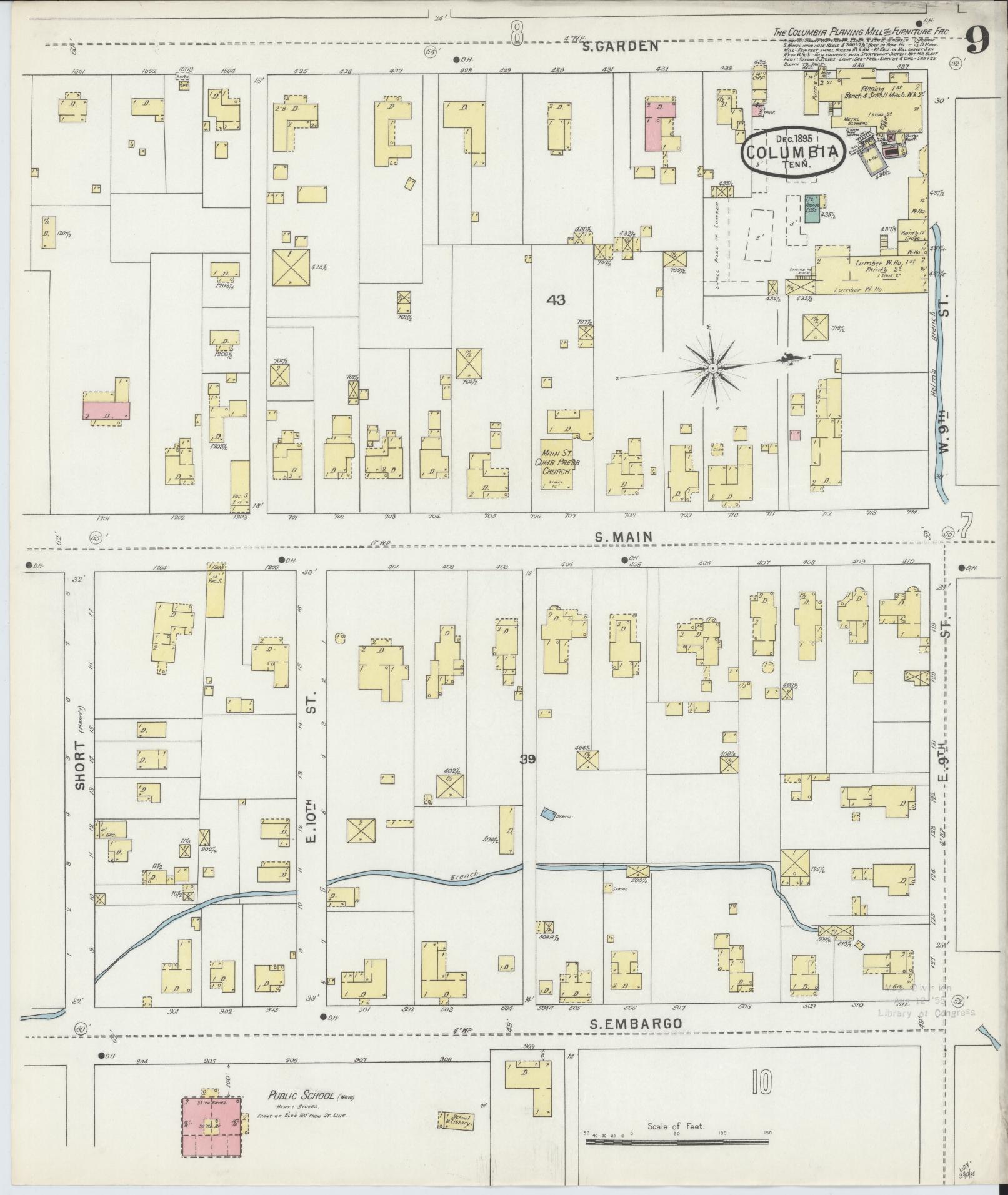Sanborn Fire Insurance Map from Columbia, Maury County, Tennessee (1895), Sheet #0009 - Historic Sanborn Fire Insurance Map Print, vintage old map wall art, antique decor, genealogy gift, Tennessee Tennessee map