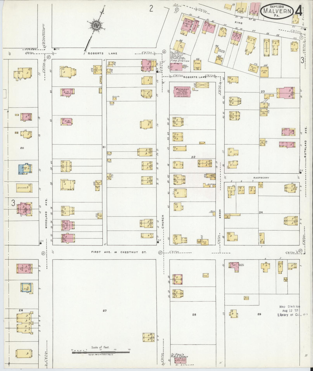 Sanborn Fire Insurance Map from Malvern, Chester County, Pennsylvania (1919), Sheet #0004 - Historic Sanborn Fire Insurance Map Print, vintage old map wall art, antique decor, genealogy gift, Pennsylvania Pennsylvania map