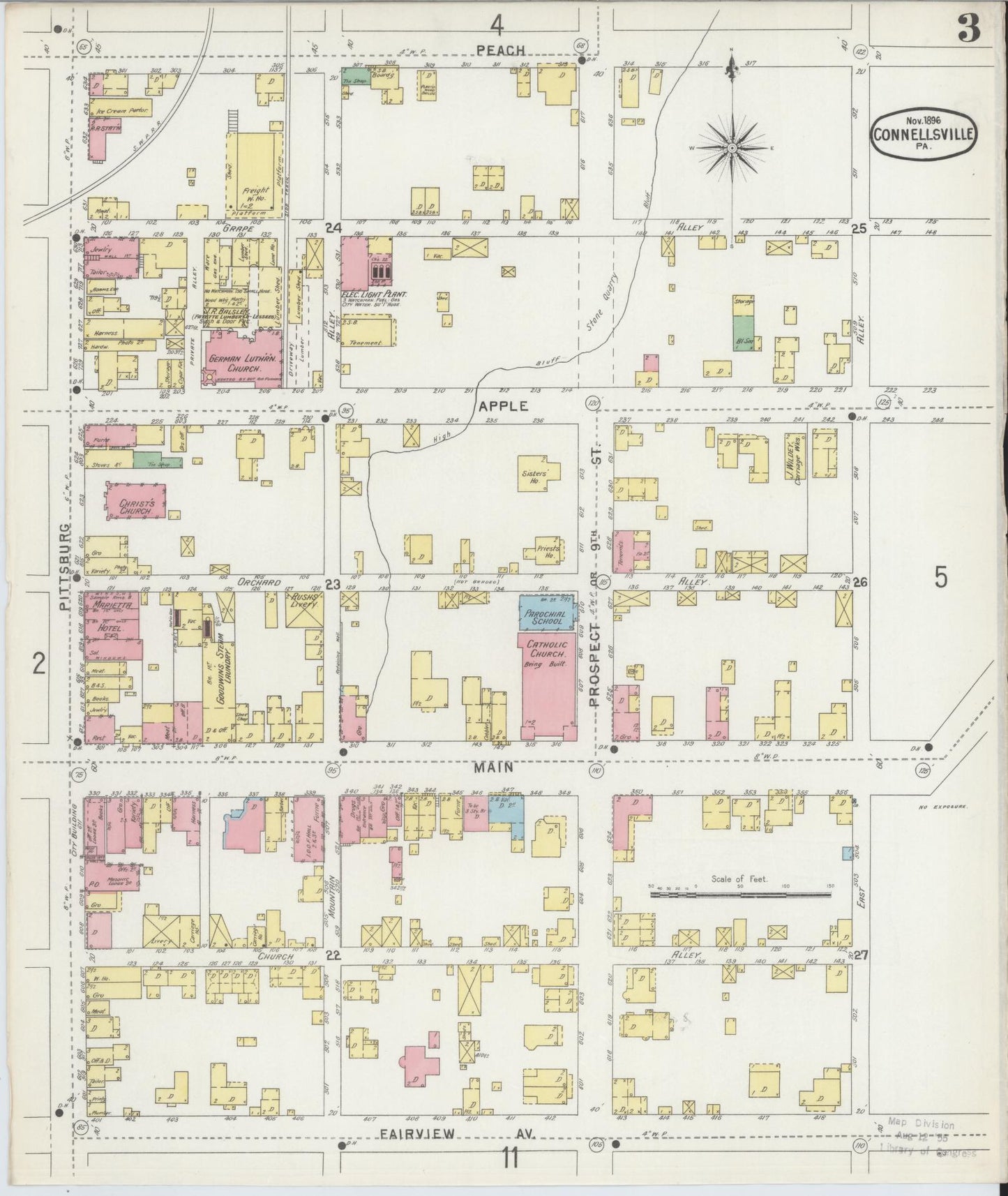 Sanborn Fire Insurance Map from Connellsville, Fayette County, Pennsylvania (1896), Sheet #0003 - Historic Sanborn Fire Insurance Map Print, vintage old map wall art, antique decor, genealogy gift, Pennsylvania Pennsylvania map