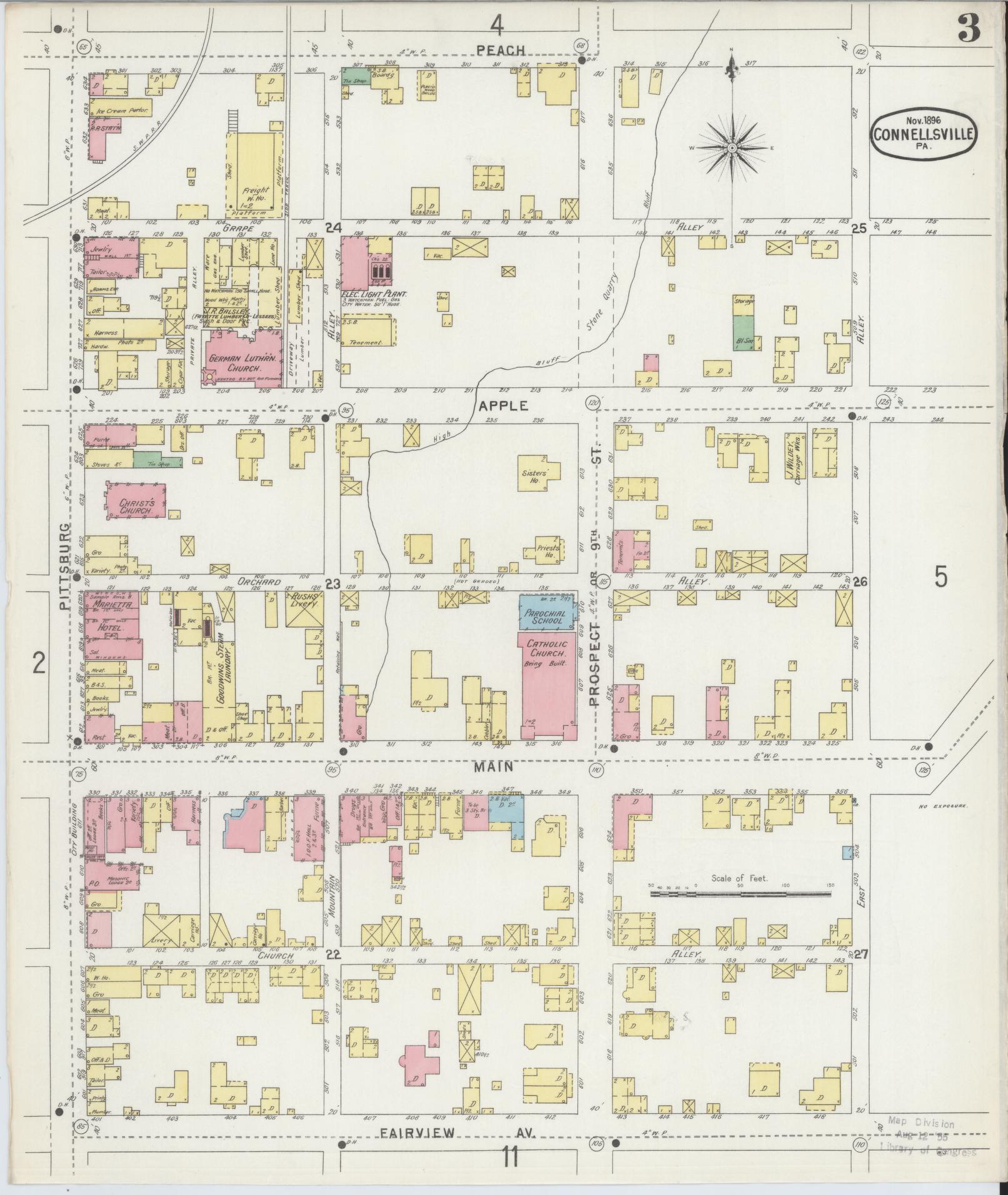 Sanborn Fire Insurance Map from Connellsville, Fayette County, Pennsylvania (1896), Sheet #0003 - Historic Sanborn Fire Insurance Map Print, vintage old map wall art, antique decor, genealogy gift, Pennsylvania Pennsylvania map