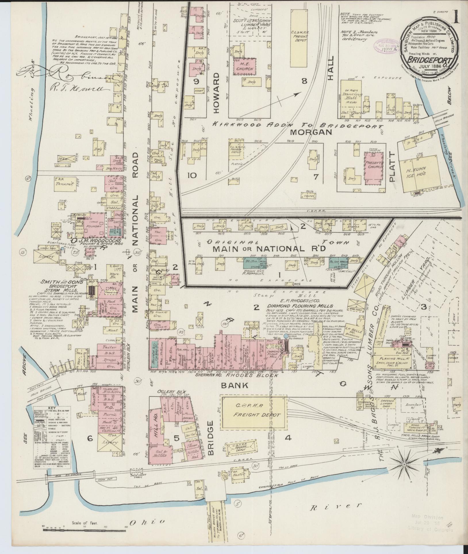 Sanborn Fire Insurance Map from Bridgeport, Belmont County, Ohio (1886), Sheet #0001 - Historic Sanborn Fire Insurance Map Print, vintage old map wall art, antique decor, genealogy gift, Ohio Ohio map