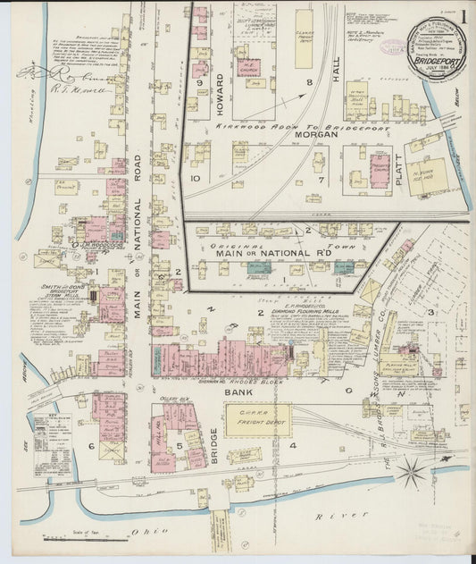 Sanborn Fire Insurance Map from Bridgeport, Belmont County, Ohio (1886), Sheet #0001 - Historic Sanborn Fire Insurance Map Print, vintage old map wall art, antique decor, genealogy gift, Ohio Ohio map