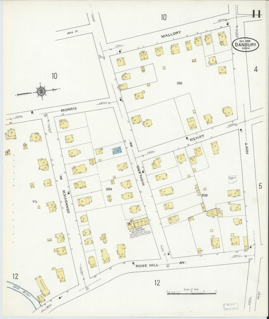 Sanborn Fire Insurance Map from Danbury, Fairfield County, Connecticut (1909), Sheet #0011 - Historic Sanborn Fire Insurance Map Print, vintage old map wall art, antique decor, genealogy gift, Connecticut Connecticut map