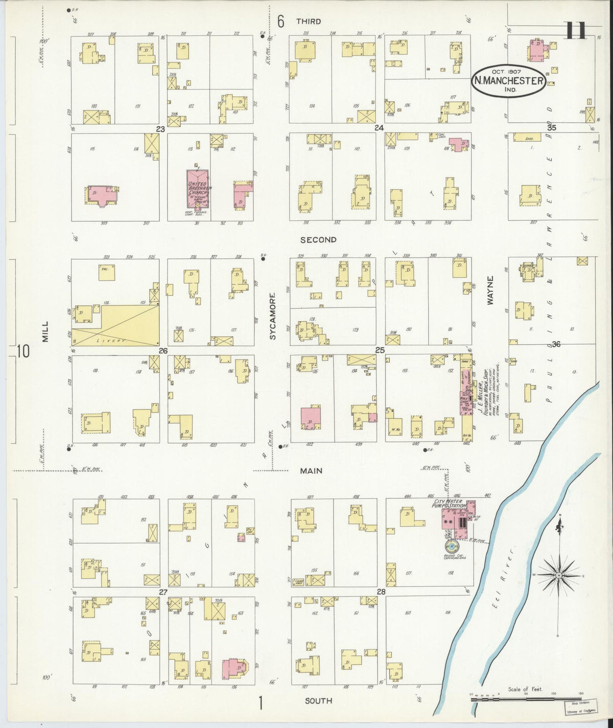 Sanborn Fire Insurance Map from North Manchester, Wabash County, Indiana (1907), Sheet #0011 - Complete Map Set gallery image, historic Sanborn map, vintage wall art, Indiana Indiana
