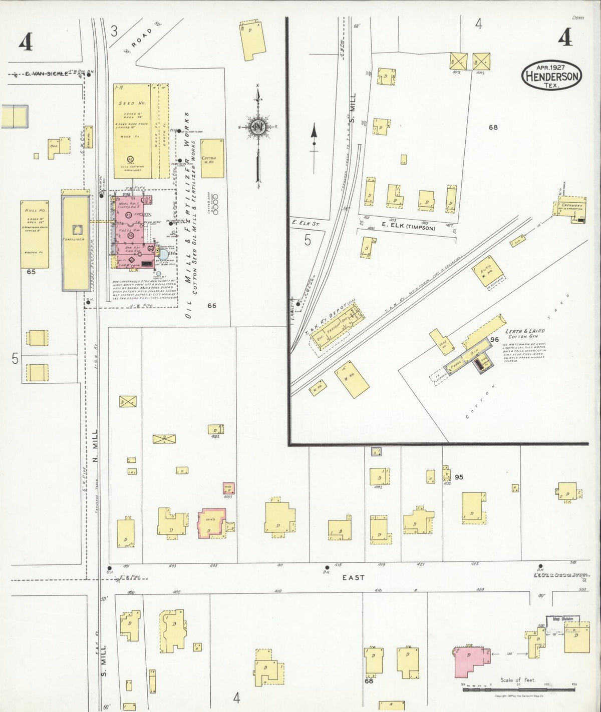 Sanborn Fire Insurance Map from Henderson, Rusk County, Texas (1927), Sheet #0004 - Complete Map Set gallery image, historic Sanborn map, vintage wall art, Texas Texas