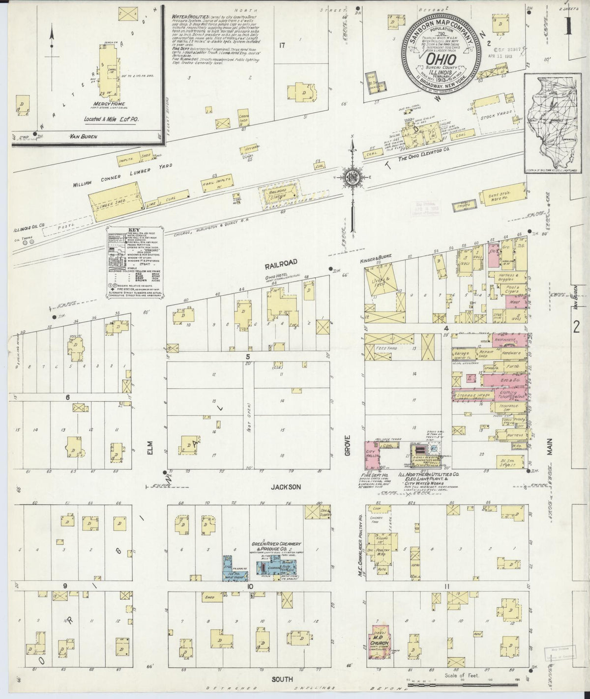 Sanborn Fire Insurance Map from Ohio, Bureau County, Illinois (1913), Sheet #0001 - Historic Sanborn Fire Insurance Map Print, vintage old map wall art, antique decor, genealogy gift, Illinois Illinois map