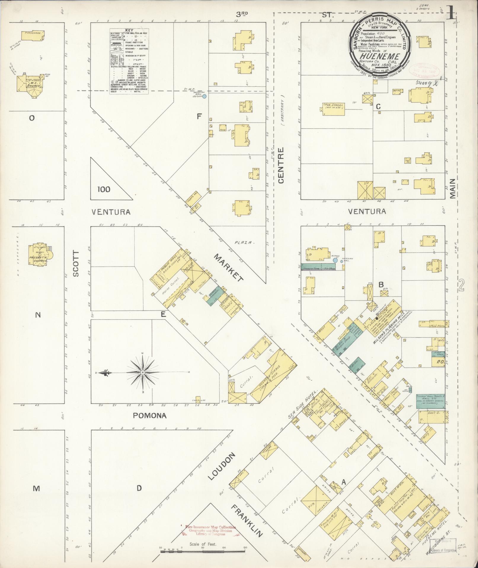 Sanborn Fire Insurance Map from Hueneme, Ventura County, California (1892), Sheet #0001 - Historic Sanborn Fire Insurance Map Print, vintage old map wall art, antique decor, genealogy gift, California California map