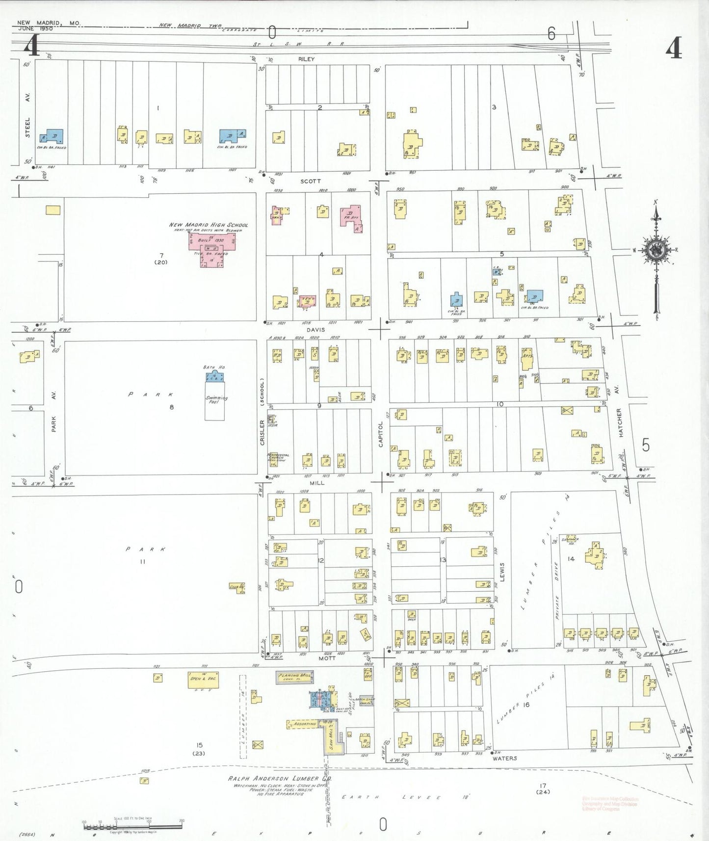 Sanborn Fire Insurance Map from New Madrid, New Madrid County, Missouri (1950), Sheet #0004 - Historic Sanborn Fire Insurance Map Print, vintage old map wall art, antique decor, genealogy gift, Missouri Missouri map