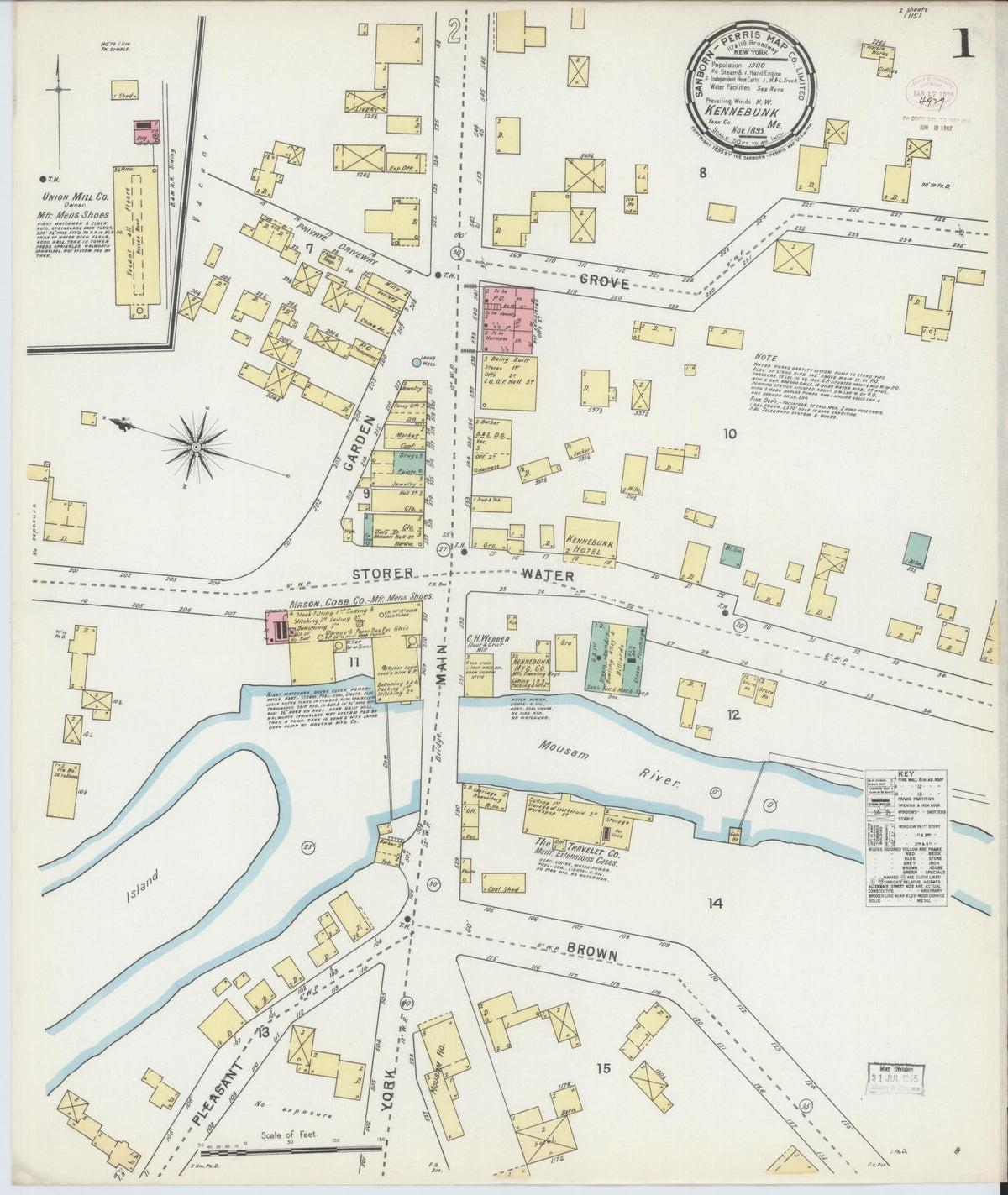 Sanborn Fire Insurance Map from Kennebunk, York County, Maine (1895), Sheet #0001 - Historic Sanborn Fire Insurance Map Print, vintage old map wall art, antique decor, genealogy gift, Maine Maine map