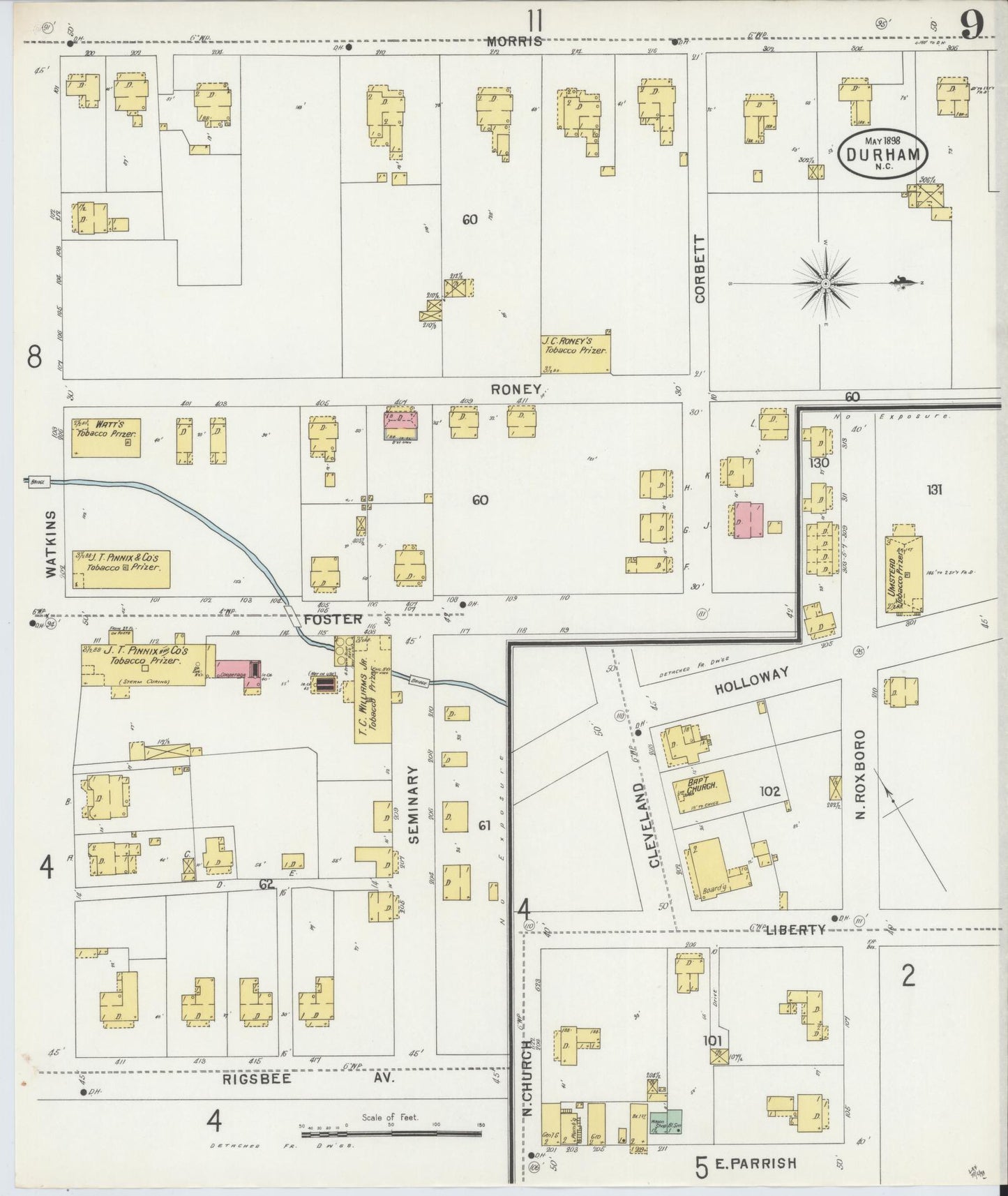 Sanborn Fire Insurance Map from Durham, Durham County, North Carolina (1898), Sheet #0009 - Complete Map Set gallery image, historic Sanborn map, vintage wall art, North Carolina North Carolina