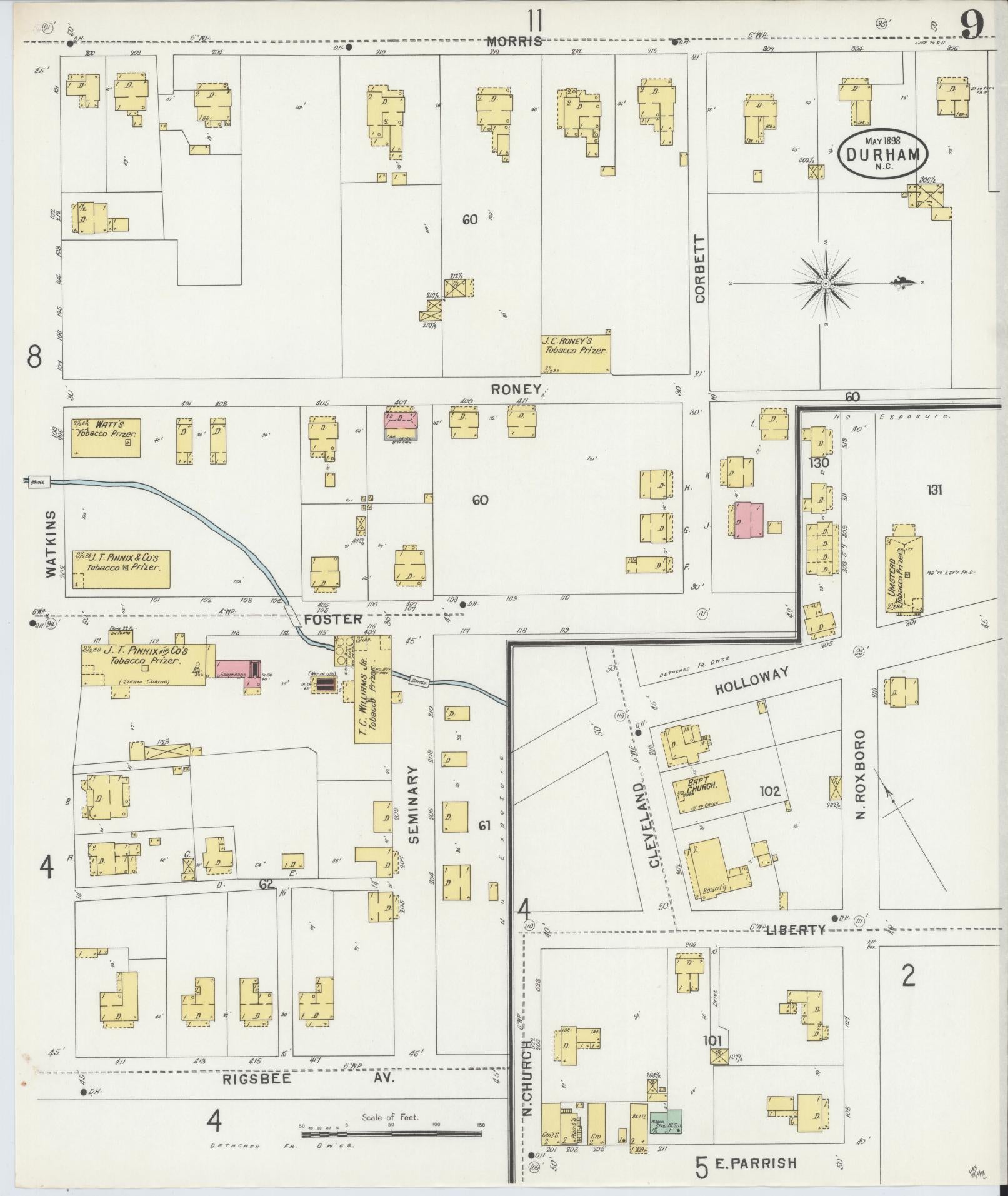 Sanborn Fire Insurance Map from Durham, Durham County, North Carolina (1898), Sheet #0009 - Complete Map Set gallery image, historic Sanborn map, vintage wall art, North Carolina North Carolina