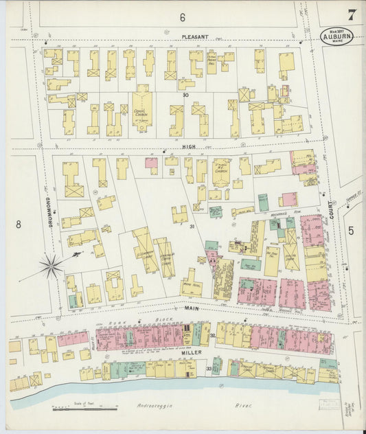Sanborn Fire Insurance Map from Auburn, Androscoggin County, Maine (1897), Sheet #0007 - Historic Sanborn Fire Insurance Map Print, vintage old map wall art, antique decor, genealogy gift, Maine Maine map