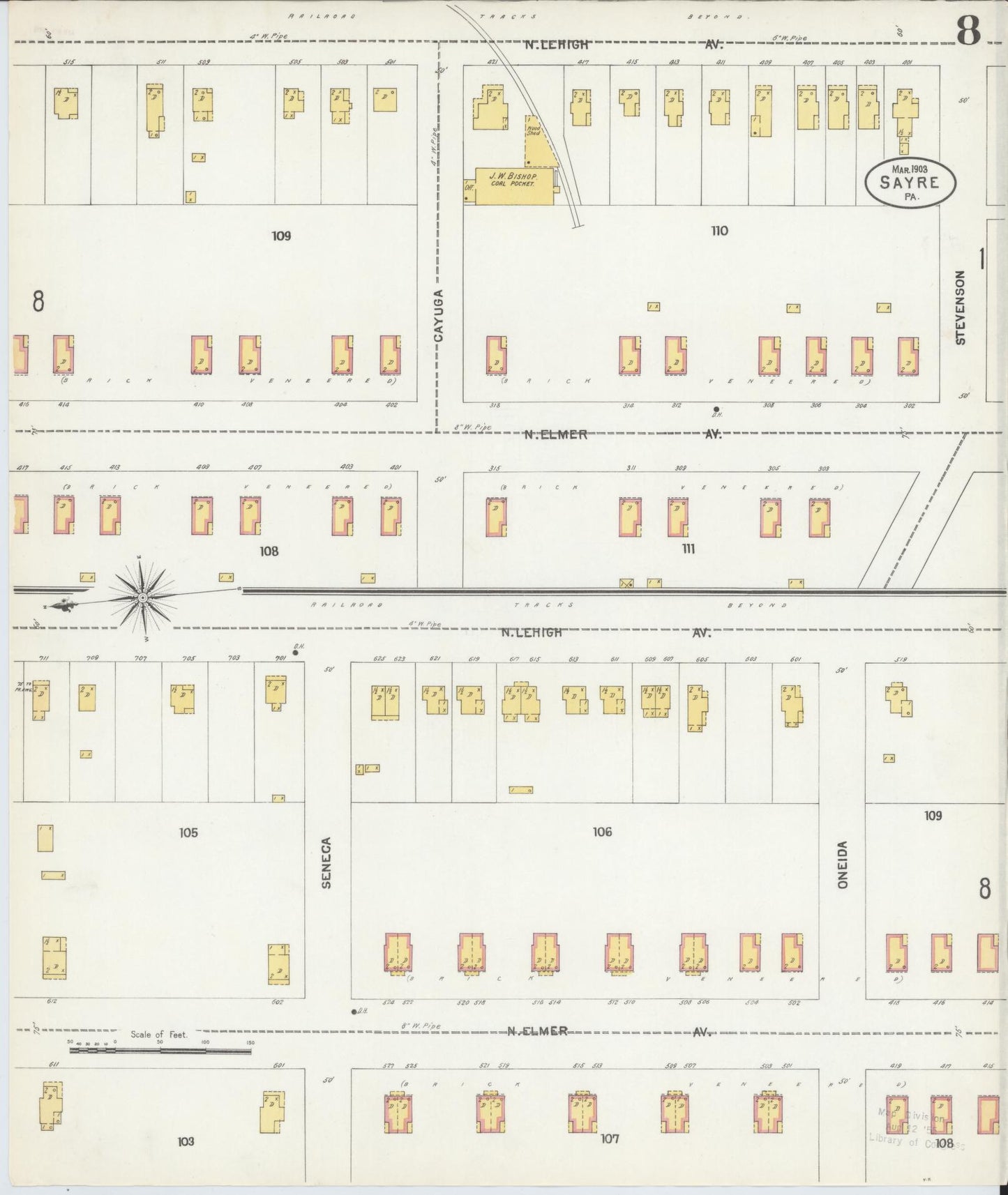 Sanborn Fire Insurance Map from Sayre, Bradford County, Pennsylvania (1903), Sheet #0008 - Historic Sanborn Fire Insurance Map Print, vintage old map wall art, antique decor, genealogy gift, Pennsylvania Pennsylvania map