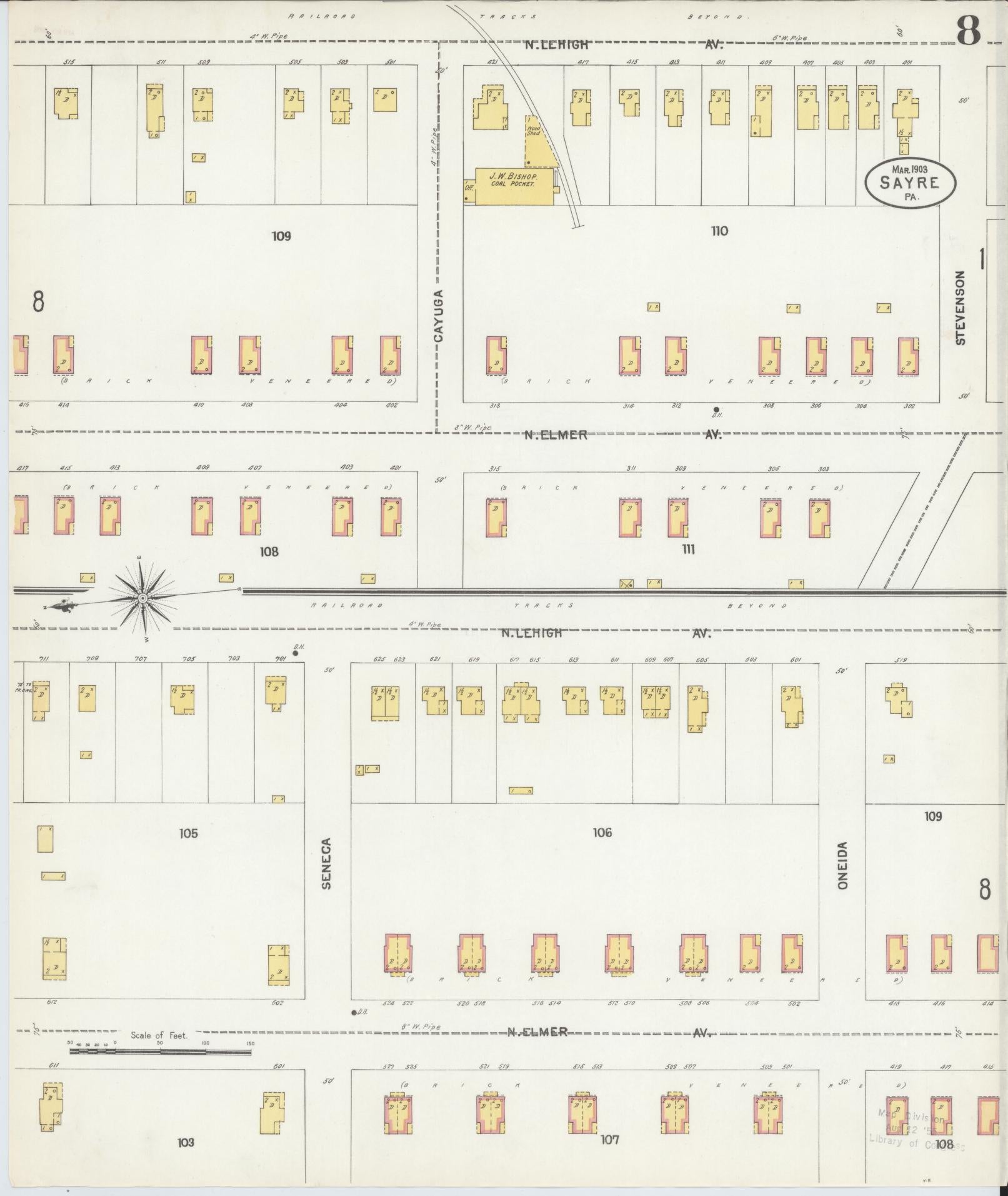Sanborn Fire Insurance Map from Sayre, Bradford County, Pennsylvania (1903), Sheet #0008 - Historic Sanborn Fire Insurance Map Print, vintage old map wall art, antique decor, genealogy gift, Pennsylvania Pennsylvania map