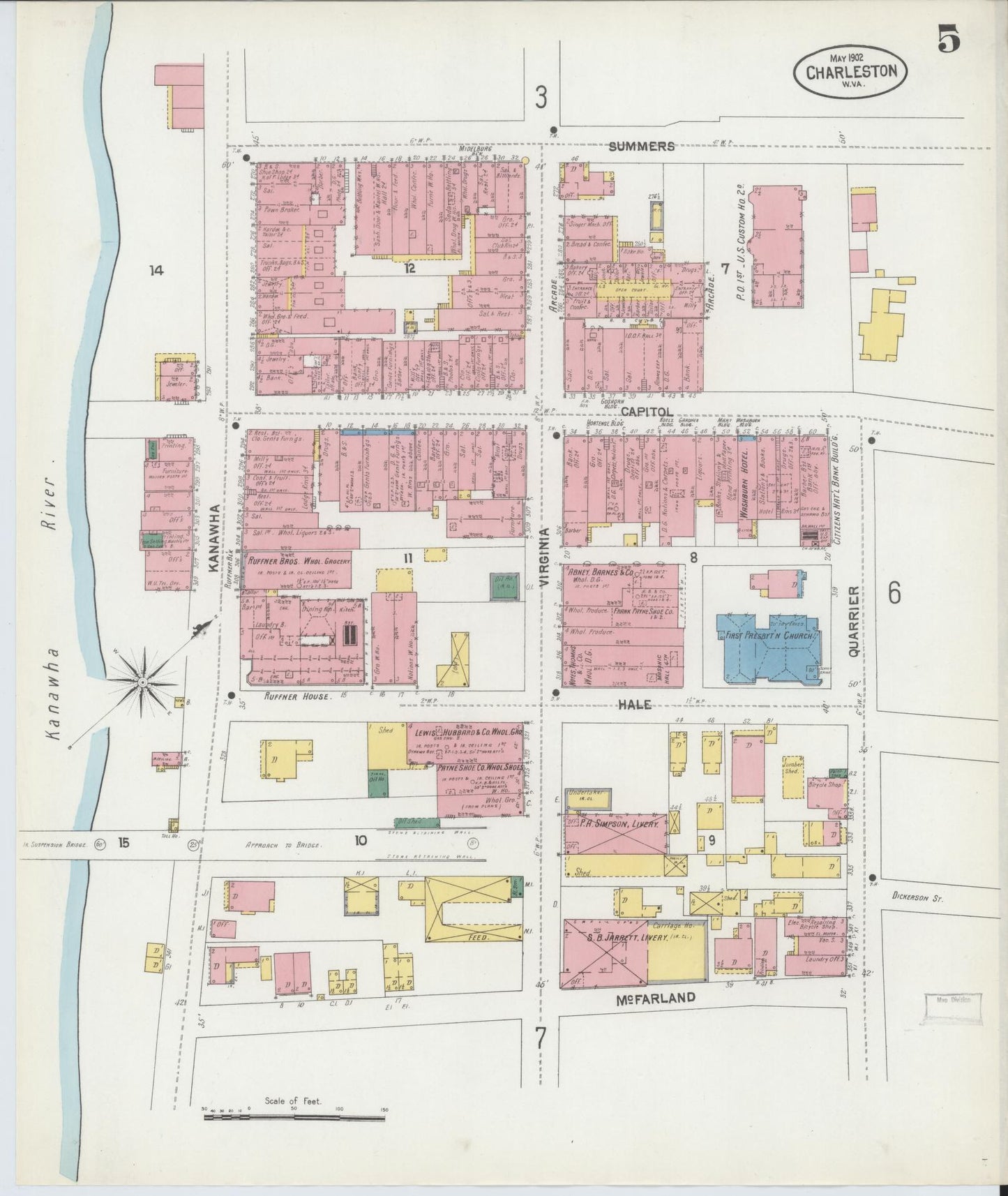 Sanborn Fire Insurance Map from Charleston, Kanawha County, West Virginia (1902), Sheet #0005 - Complete Map Set gallery image, historic Sanborn map, vintage wall art, West Virginia West Virginia