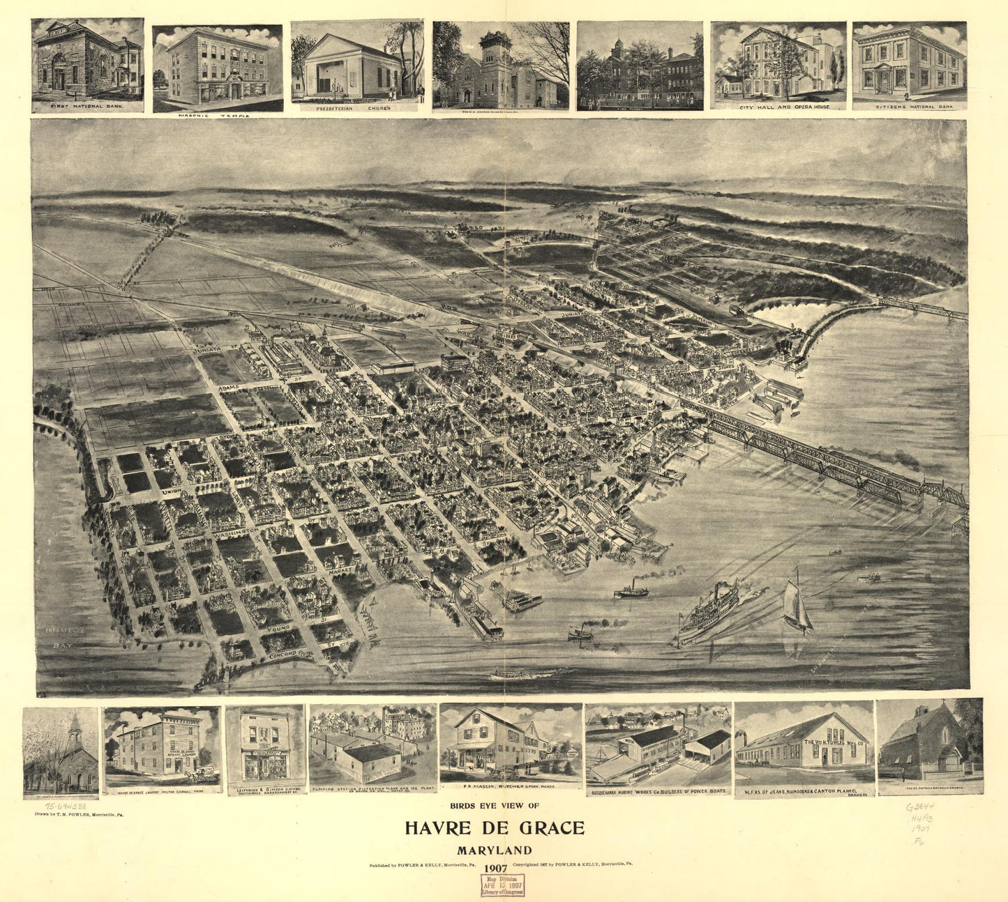 Birds eye view of Havre de Grace, Maryland 1907. (1907) – Historic Bird’s-Eye View Panorama Print