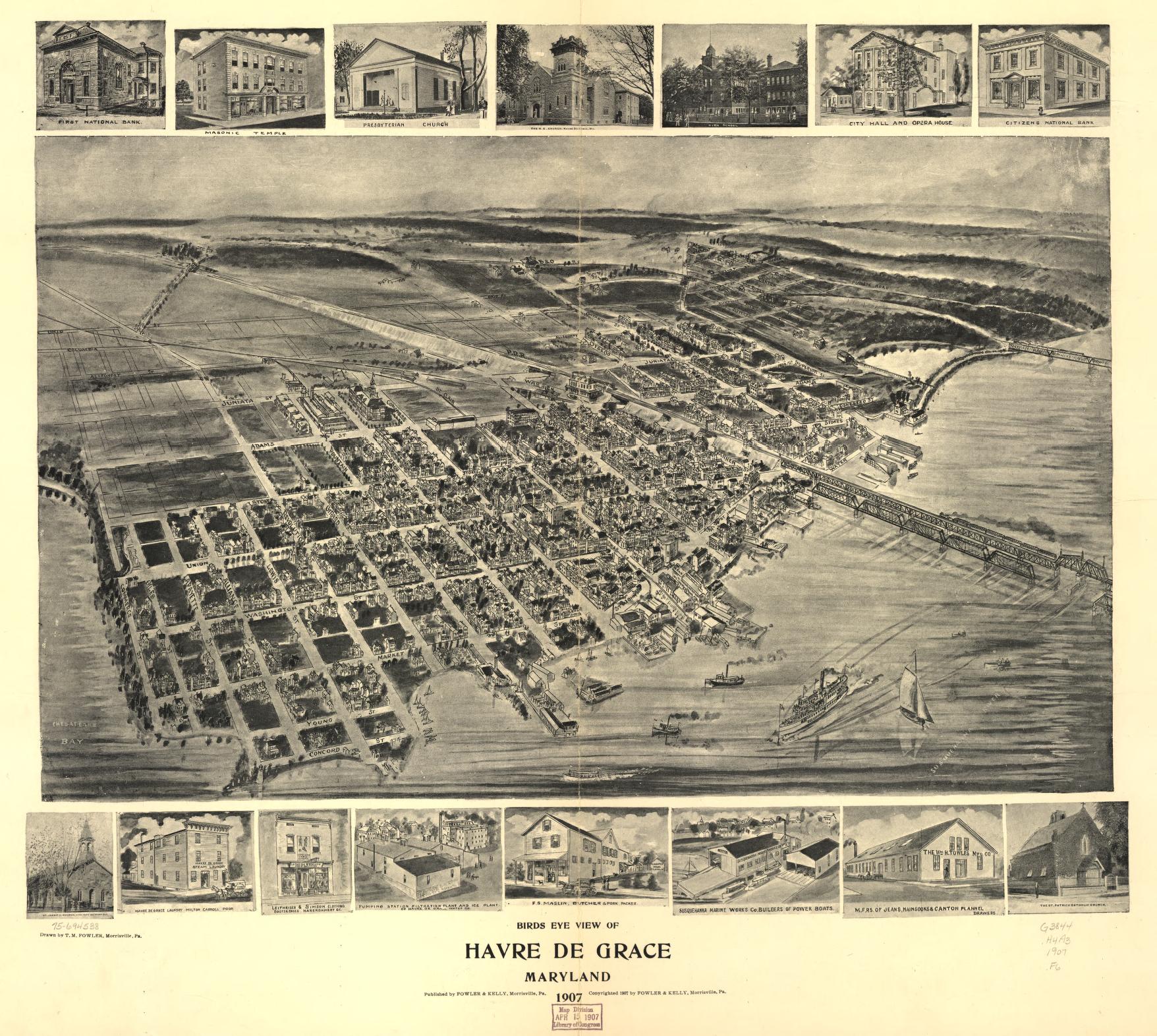 Birds eye view of Havre de Grace, Maryland 1907. (1907) – Historic Bird’s-Eye View Panorama Print