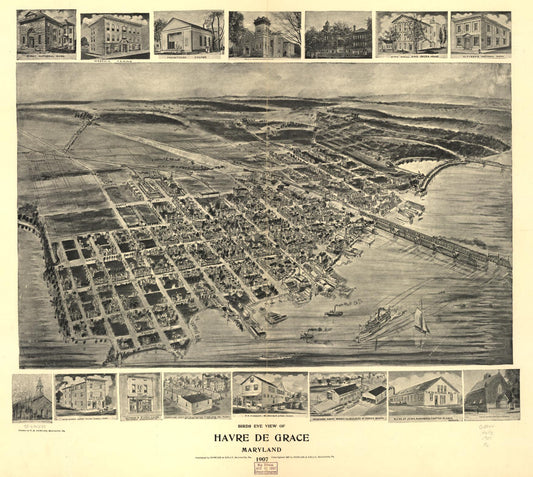 Birds eye view of Havre de Grace, Maryland 1907. (1907) – Historic Bird’s-Eye View Panorama Print