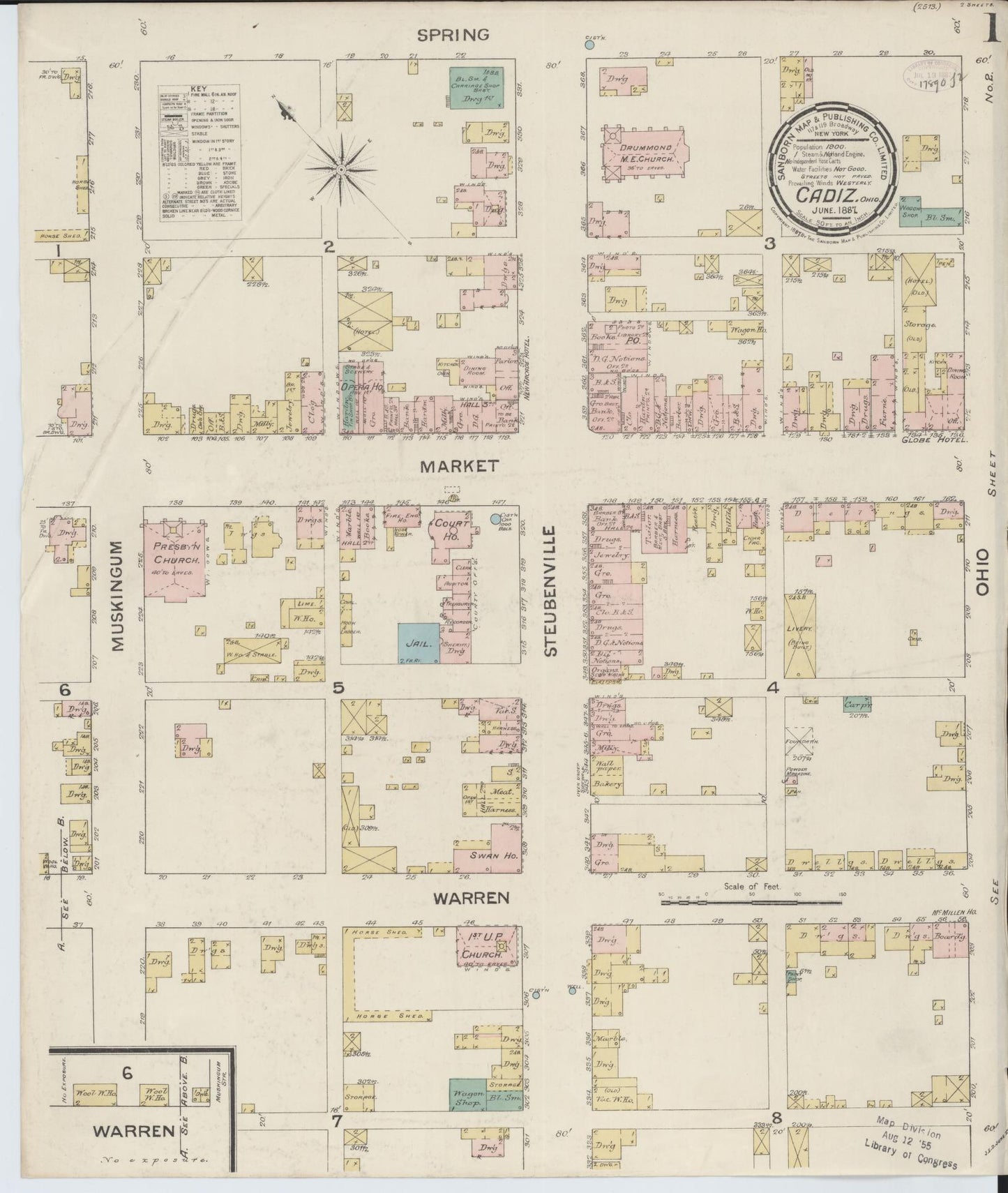 Sanborn Fire Insurance Map from Cadiz, Harrison County, Ohio (1887), Sheet #0001 - Historic Sanborn Fire Insurance Map Print, vintage old map wall art, antique decor, genealogy gift, Ohio Ohio map