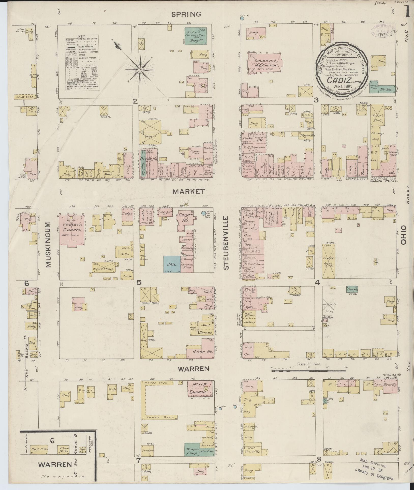 Sanborn Fire Insurance Map from Cadiz, Harrison County, Ohio (1887), Sheet #0001 - Historic Sanborn Fire Insurance Map Print, vintage old map wall art, antique decor, genealogy gift, Ohio Ohio map