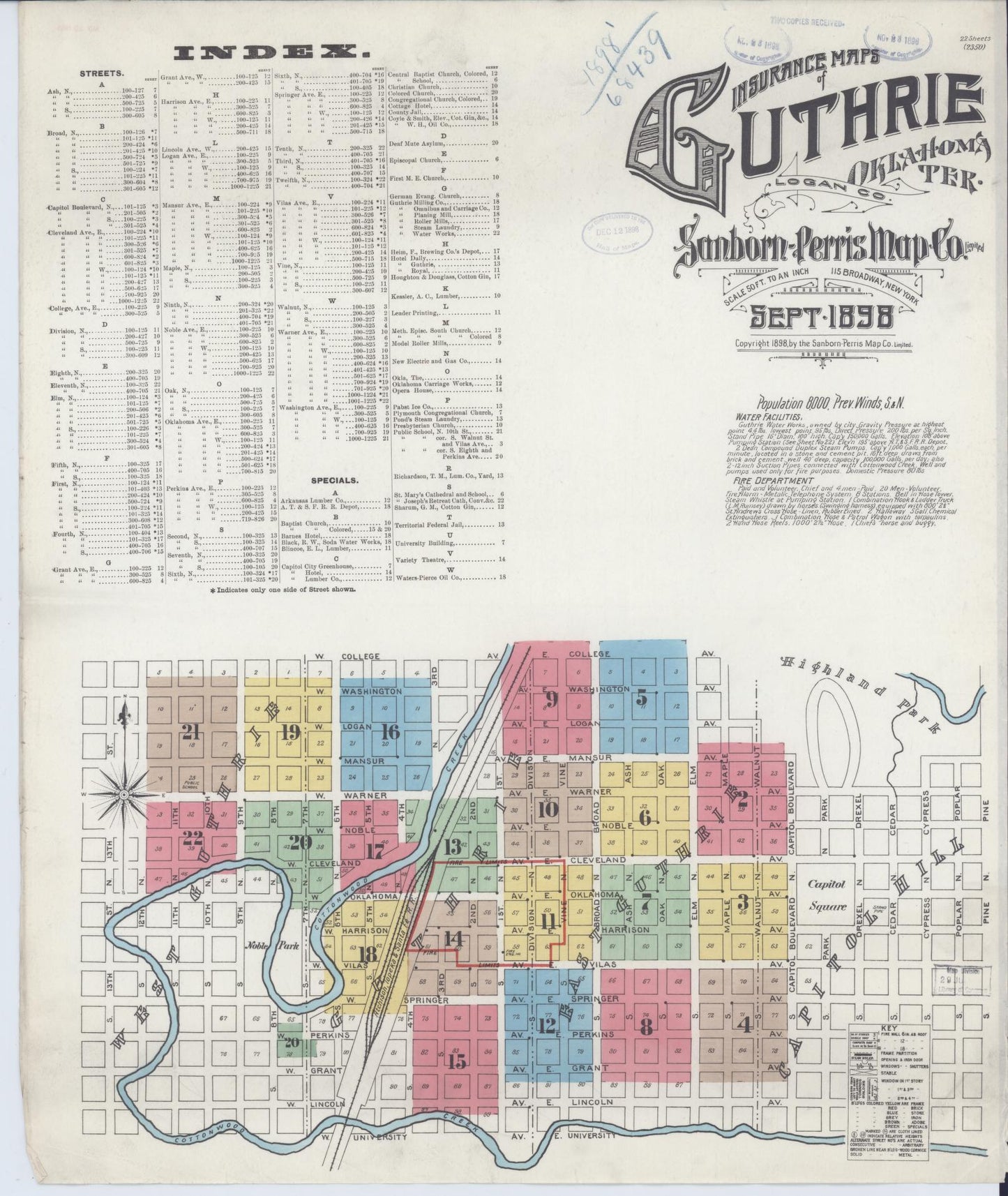 Sanborn Fire Insurance Map from Guthrie, Logan County, Oklahoma (1898), Sheet #0001 - Historic Sanborn Fire Insurance Map Print, vintage old map wall art, antique decor, genealogy gift, Oklahoma Oklahoma map