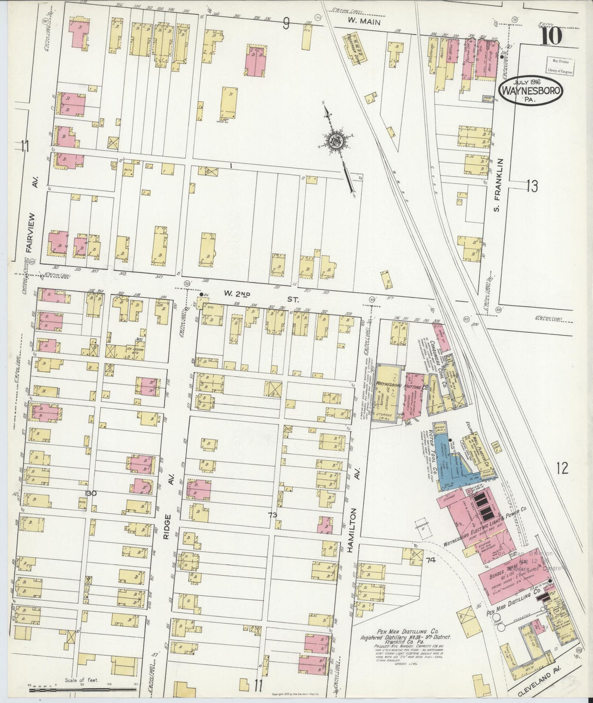 Sanborn Fire Insurance Map from Waynesboro, Franklin County, Pennsylvania (1916), Sheet #0010 - Historic Sanborn Fire Insurance Map Print, vintage old map wall art, antique decor, genealogy gift, Pennsylvania Pennsylvania map